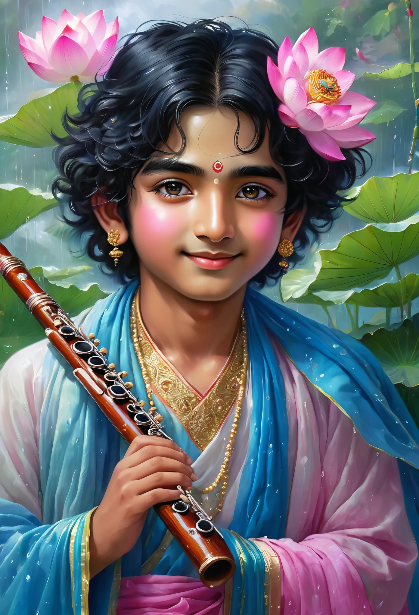He is a beautiful youth with a glowing complexion the color of rain clouds. He plays a flute, attracting the hearts of all. His cheeks are brilliant, His smiling enchanting. He wears a peacock feather in His curly black hair and a flower garland around His neck The corners of Her eyes are tinged with the color of a pink lotus flower or pink rose. Her eyes are prominently blue, but other colors are mixed in with the blue, representing the eight sakhis surrounding Krsna in the pupil.he is a Indian boy