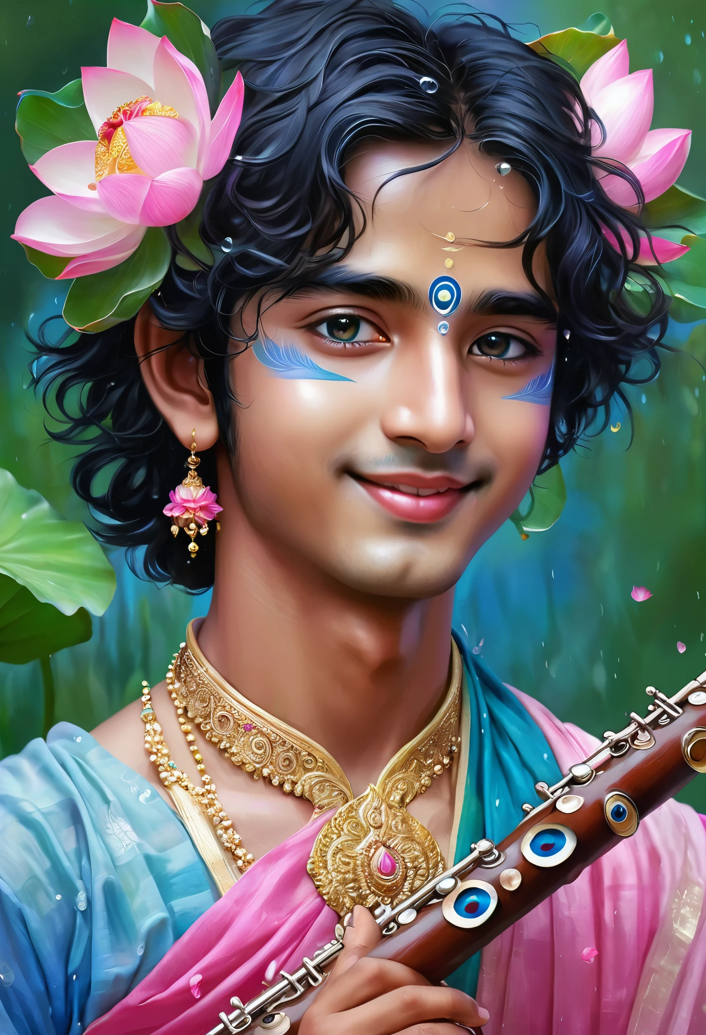 He is a beautiful youth with a glowing complexion the color of rain clouds. He plays a flute, attracting the hearts of all. His cheeks are brilliant, His smiling enchanting. He wears a peacock feather in His curly black hair and a flower garland around His neck The corners of Her eyes are tinged with the color of a pink lotus flower or pink rose. Her eyes are prominently blue, but other colors are mixed in with the blue, representing the eight sakhis surrounding Krsna in the pupil.he is a Indian boy