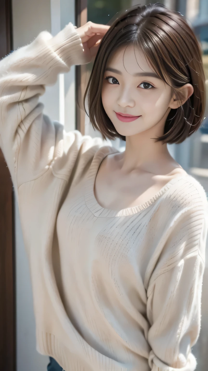 debris flies、highest quality、shape、 Super detailed、small details、 High resolution、8K Dende Wallpaper、完璧なダイナミックな構shape、19 year old cute college girl、sweet girl、detailed beautiful face、small and cute eyes、rough skin、modest smile、short cut hair、small breasts、winter casual wear、bold sexy pose、