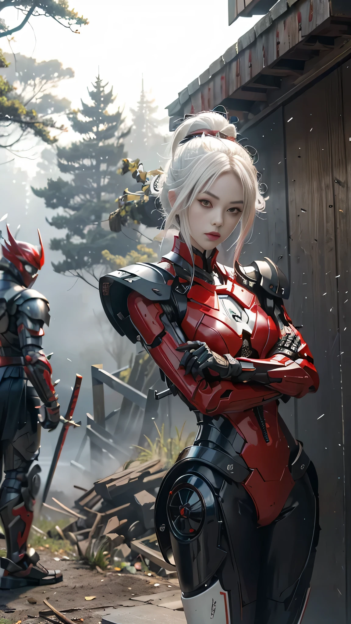 two samurai (Standing with arms crossed over chest, back against wall).white hair .lolita.fantasy.two samurai guarding in the forest at night, yasuke.fog. Ninja robot.shinobi robot. Red eyes, devil mask, rain. The dark night. Equipped with Sword at the back. Katana is in the back. Robots. Gear. screws. lamp. lamp. wire in the back. Catch the monster in the alley.UE5 CGI.Abandoned house.step forward.Bright eyes.Red suit.Robot helmet.Red leather clothes.