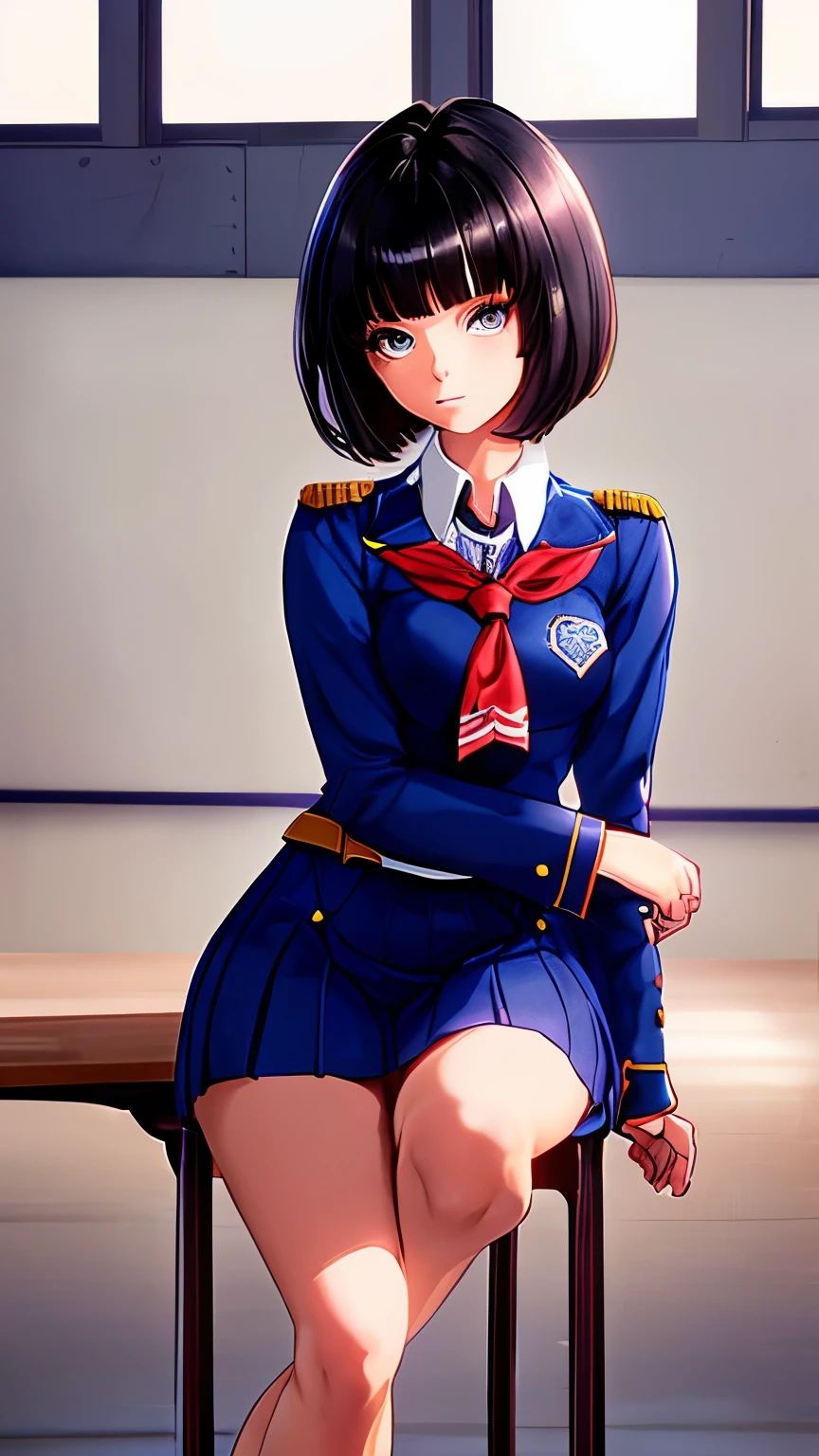 Beautiful girl, high, Sitting at class, full body, big eyes, short hair and bangs, uniform, 