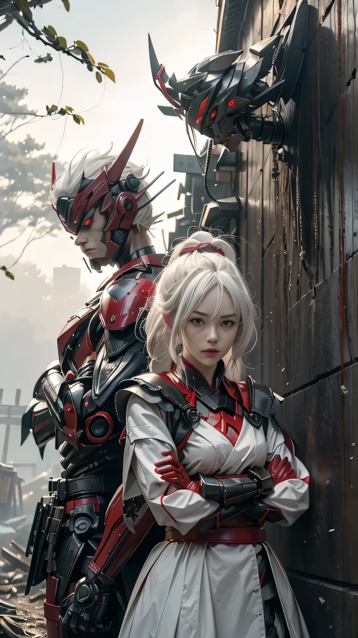 two samurai (Standing with arms crossed over chest, back against wall).white hair .lolita.fantasy.two samurai guarding in the forest at night, yasuke.fog. Ninja robot.shinobi robot. Red eyes, devil mask, rain. The dark night. Equipped with Sword at the back. Katana is in the back. Robots. Gear. screws. lamp. lamp. wire in the back. Catch the monster in the alley.UE5 CGI.Abandoned house.step forward.Bright eyes.Red suit.Robot helmet.Red leather clothes.