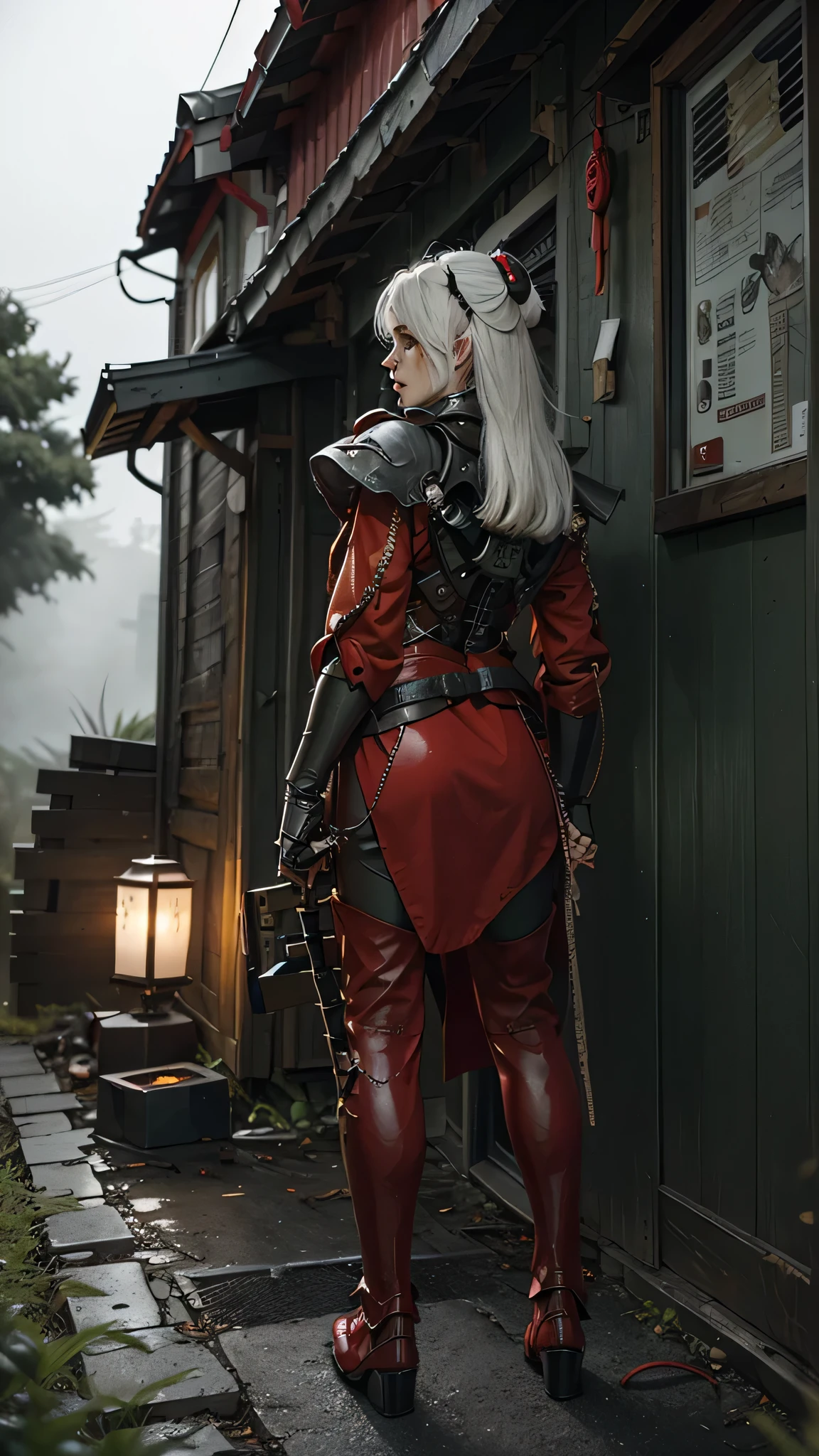 two samurai (Standing with arms crossed over chest, back against wall).white hair .lolita.fantasy.two samurai guarding in the forest at night, yasuke.fog. Ninja robot.shinobi robot. Red eyes, devil mask, rain. The dark night. Equipped with Sword at the back. Katana is in the back. Robots. Gear. screws. lamp. lamp. wire in the back. Catch the monster in the alley.UE5 CGI.Abandoned house.step forward.Bright eyes.Red suit.Robot helmet.Red leather clothes.