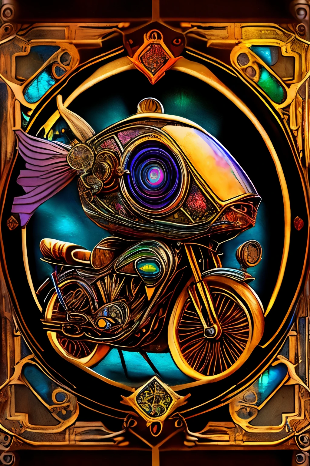 tarot card image style and iridescent colored gear, best quality, 8k, incredibly absurd, highly detailed, sepia painted retro motorcycle with sidecar, helmet and goggles, cute pet, shattered stained glass, steampunk, dieselpunk, clockpunk, blending art, mixing art, fractal art, art design, motion blur, action lines, speed lines, wind, wind effect
