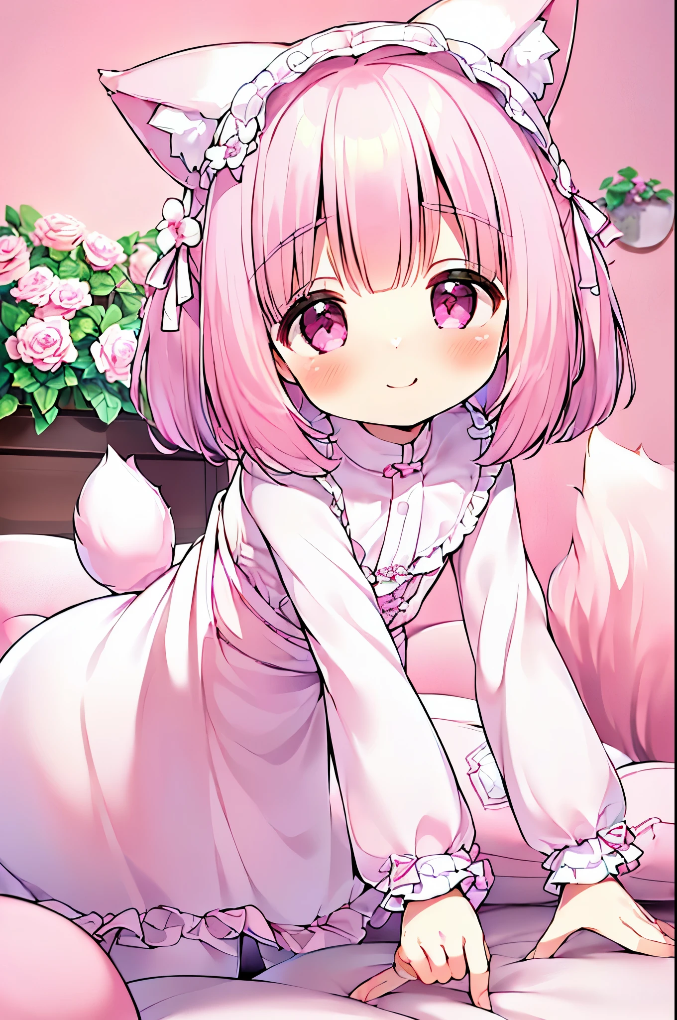 (((masterpiece))), (((最high quality))), (((high quality))), (((beautiful))), (((8K))), (((High resolution)) (((超High resolution))), (((High resolution))), (child:1.5), (:1.4), (pink short hair:1.3), (pink hair ribbon:1.4), (Pink fox tail:1.4), (Pink fox tail:1.2), pink fox ears and white tips, small breasts, (pink eyes), (theme pink color;1.4), (head tilt:1.4), Very cute pale pink long dress, long sleeve, (pure white frills:1.2), (so many flower decorations:1.4), (Super Cute Pose:1.2), (leaning forward:1.4), look up, bedroom, cowboy shot, crawl on all fours,Bedroom, smile, From before, (Lots of hearts:1.4), (portrait:1.4), (stuffed toy:1.4)