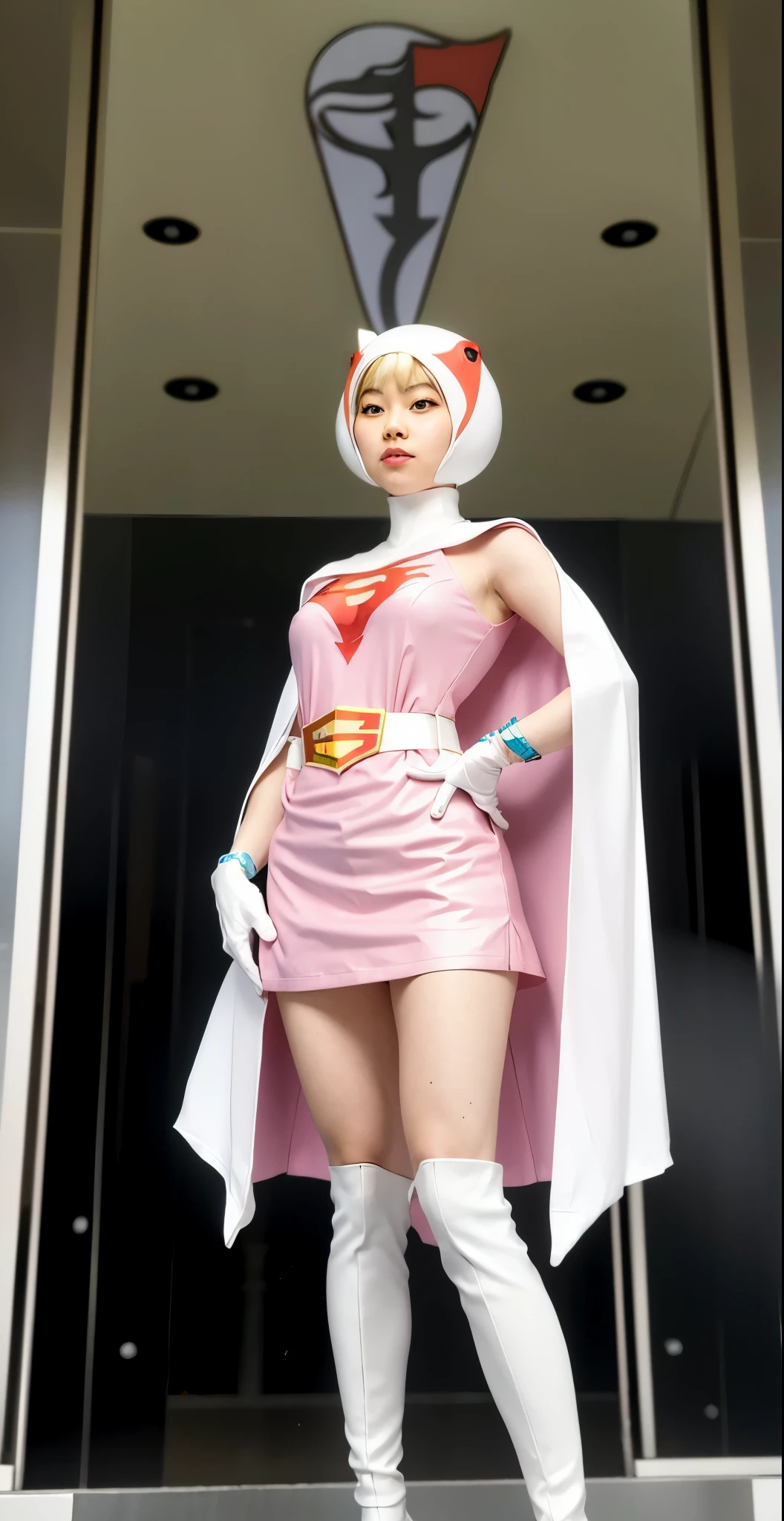 best image quality、real image、18-year-old美少女、ポニーテールBeautiful woman、beautiful sister、A woman wearing a pink dress and cloak is standing in front of a building。, 18-year-oldの女の子,Jun the Swan、knee high boots science ninja、white panties、Beautiful woman、 As a retro-futuristic heroine, 18-year-old、As a retro-futuristic heroine, beautiful thighs、sheila, she - ra, anime female hero portrait, Portrait of a modern dharna, anime visual of super girl, super girl, official art, Dinah Drake, hironaka, Blowjob White Mecha Miniskirt