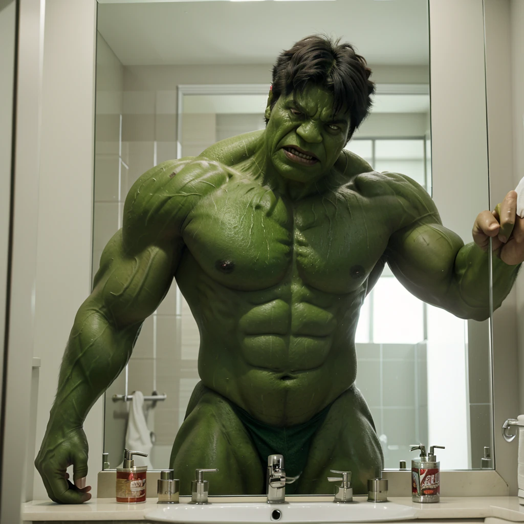 Marvel's The incredible hulk taking a selfie in a large bathroom mirror
