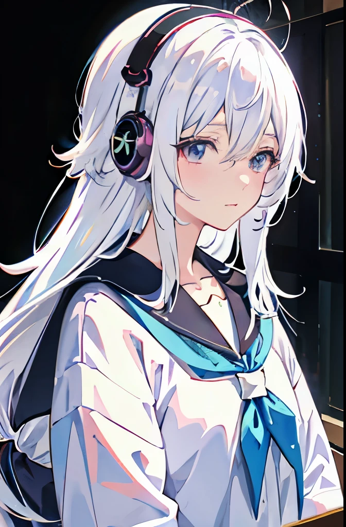 Anime girl with white hair and headphones looking out the window, anime style 4k, white hair anime boy, Best Anime 4K Kona-chan Wallpaper, anime style illustration, anime art wallpaper 4k, anime art wallpaper 4k, anime wallpaper 4k, anime wallpaper 4k, anime style. 8K, 4k anime wallpaper