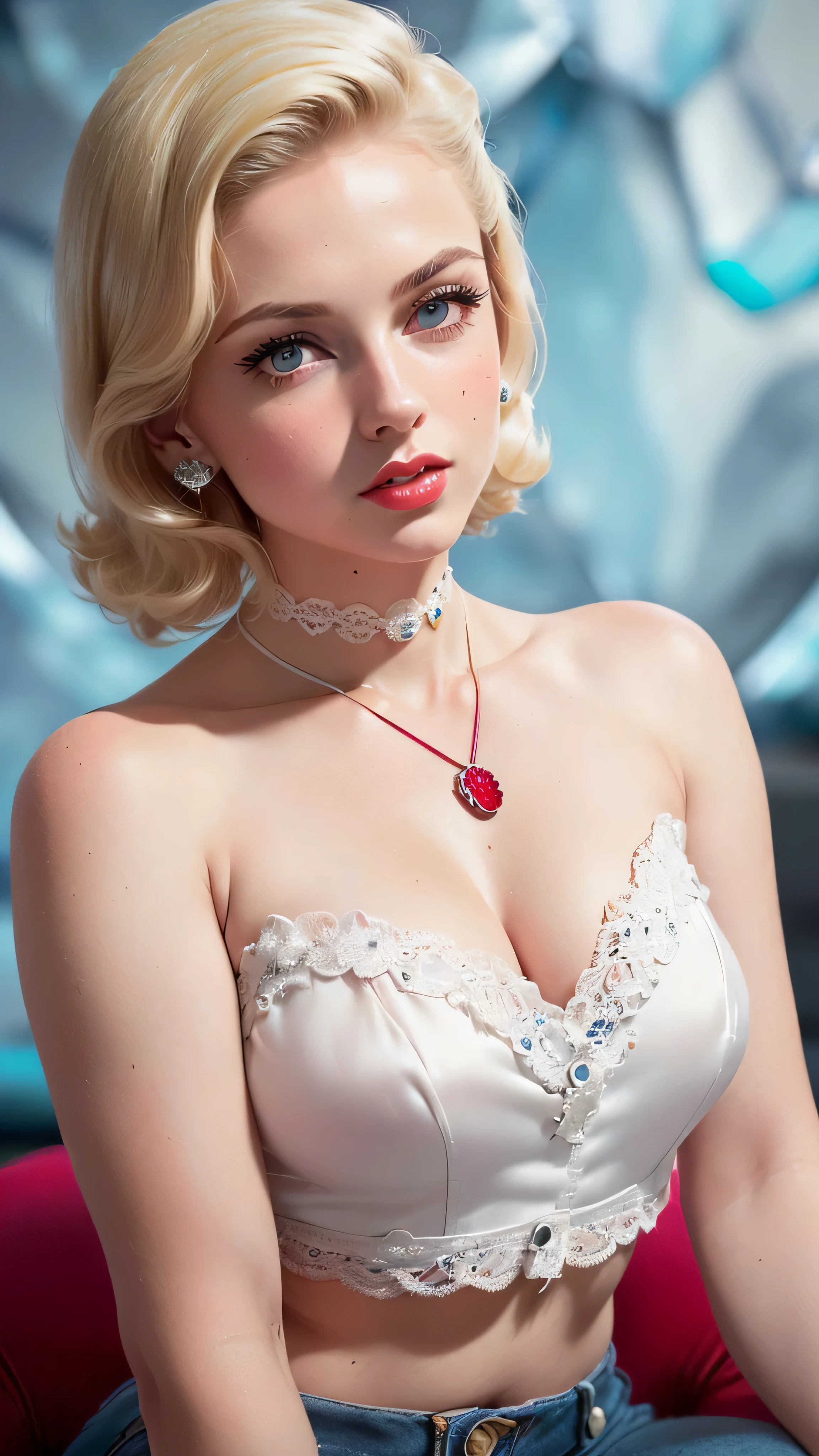 ((best quality: 1.5)) ((masterpiece: 0.8)), intricate details, sharp focus, professional, real life, realistic representation of the face, dynamic pose, sexy woman, topless, black denim torn pants, (((white silk lace top, ruby necklace, ((vintage 50's pin-up, chin up, portrait)), blonde hair pulled back, tight hair, seated, iceblue eyes)))
