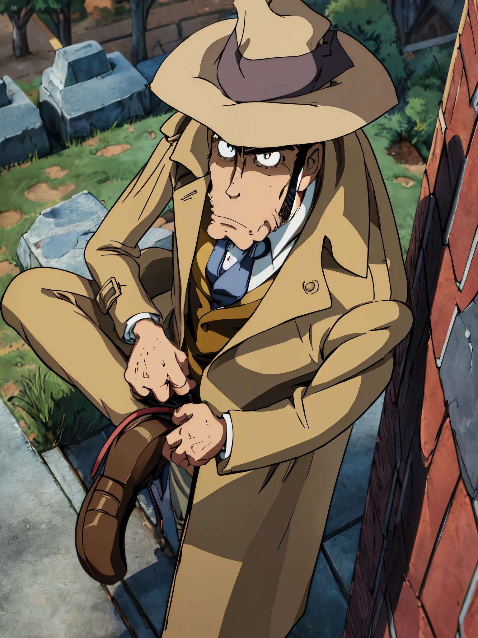 zenigata,trenchcoat,
(best quality, masterpiece, RAW photo,ultra-detailed:1.2), solo,looking at viewer, ungry, bust shot, from above,