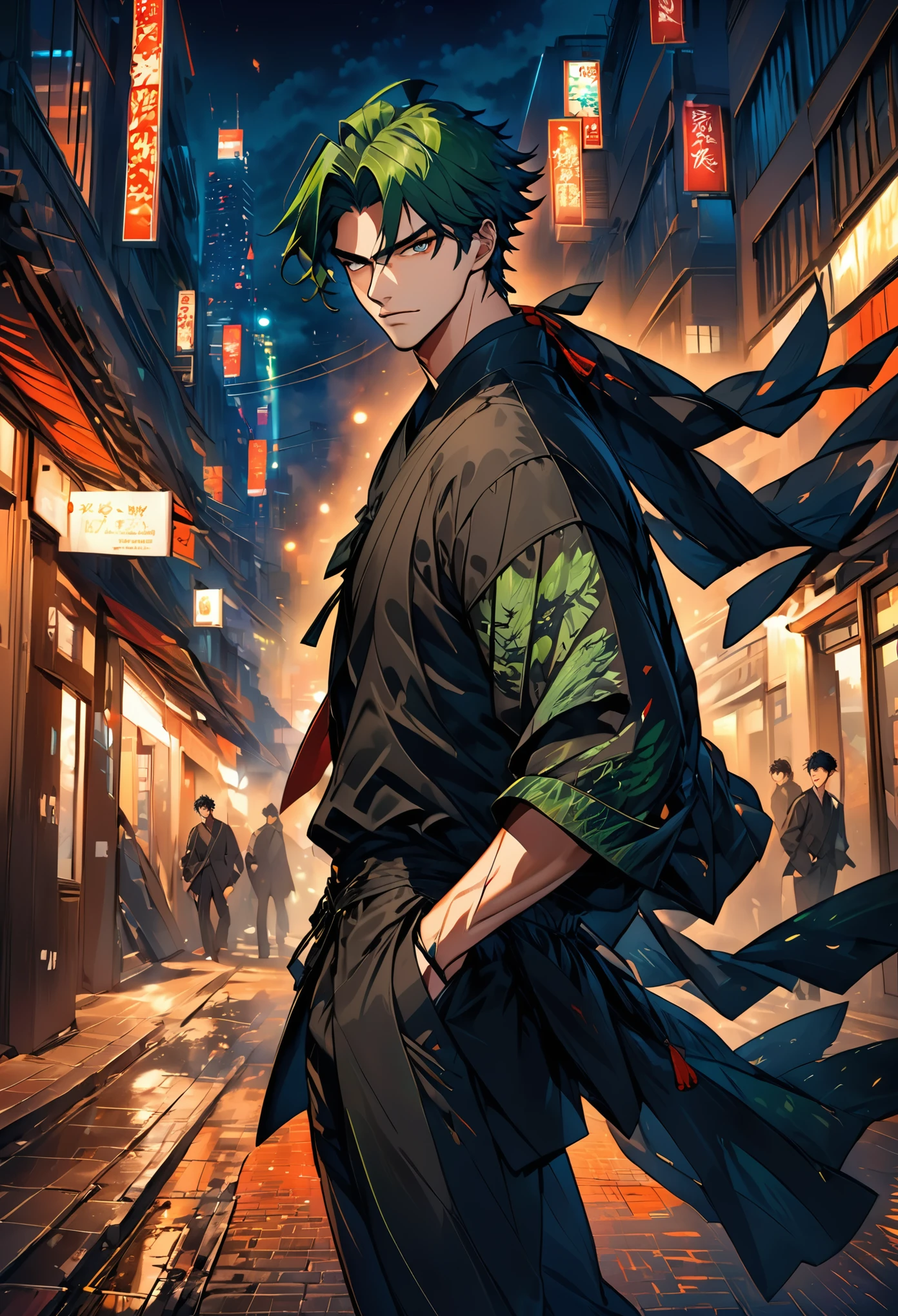 Handsome boy number 1, Roronoa Zorro, angry look, (one eye closed), scars on eyes, Green hair. alone, whole body, ((((masterpiece))), ((best quality)), (Very detailed), dark intense shadow, light, high dynamic range, good composition, dynamic poses, black eyes, Modern stylish dark clothes, blurred background, city street at night