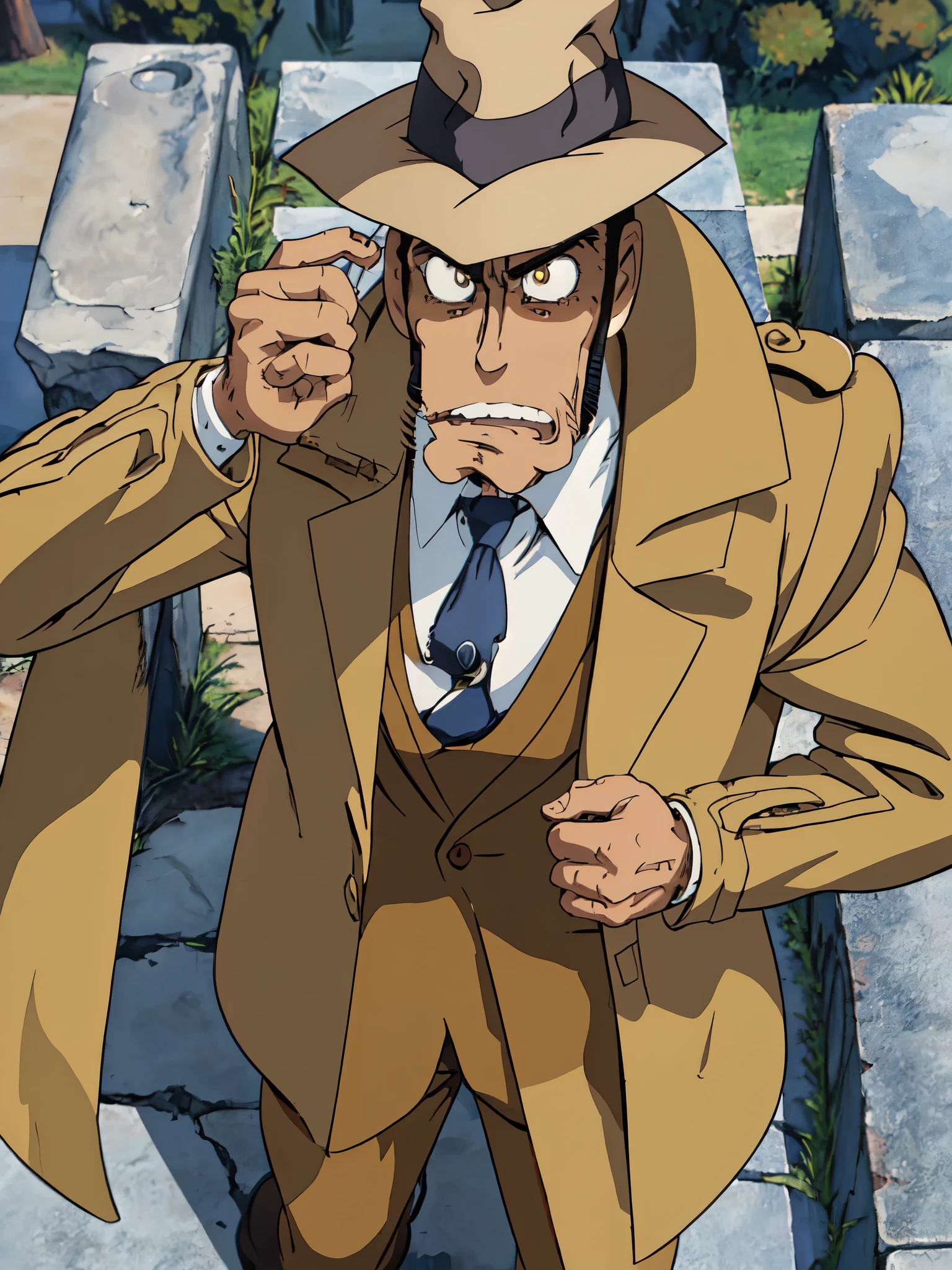 zenigata,trenchcoat,
(best quality, masterpiece, RAW photo,ultra-detailed:1.2), solo,looking at viewer, ungry, bust shot, from above,