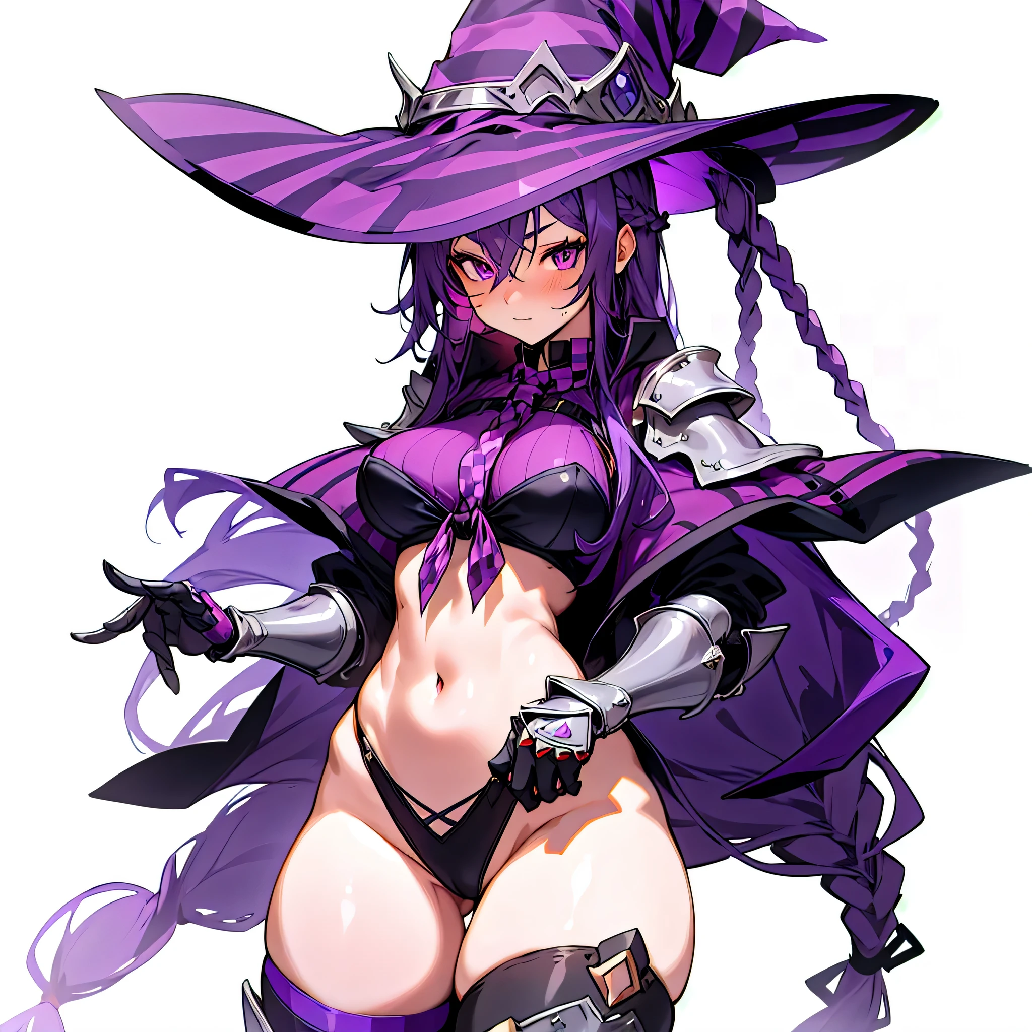 1girl, checkered background, cowboy shot, very red skin, purple eyes, very long hair, side braid, wide hips, wizard hat, thighhighs, front-tie top, chaps, gauntlets, thin waist, toned, large breasts, purple hair