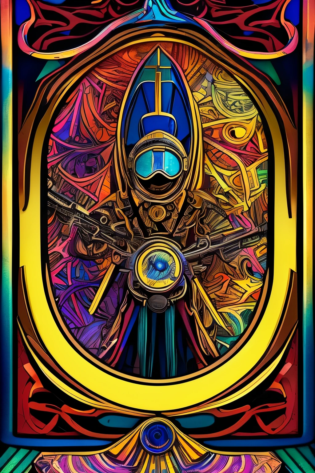 tarot card image style and iridescent colored gear, best quality, 8k, incredibly absurd, highly detailed, sepia painted retro motorcycle with sidecar, helmet and goggles, cute pet, shattered stained glass, steampunk, dieselpunk, clockpunk, blending art, mixing art, fractal art, art design, motion blur, action lines, speed lines, wind, wind effect