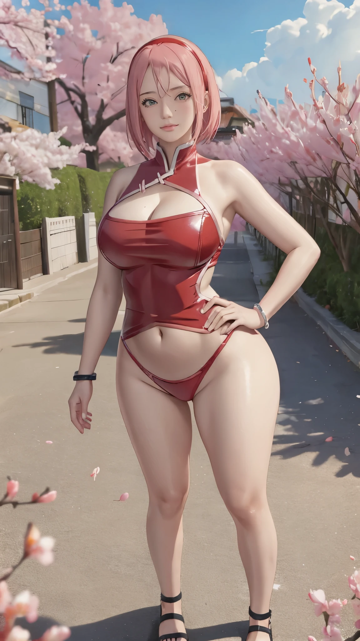 Chubby , thick, Curve, Realistic, Photorealistic,cowboy shot,masterpiece, absurdres, (colorful), 1girl, haruno sakura, forehead mark, red hairband, detailed red chinesse mini dress, navel, groin, bracelet, looking at viewer, flushed face, smile, cherry blossoms, private garden, wind, floating hair, large breast, (((wide hips))), toned body, detailed eyes, dynamic pose, full body