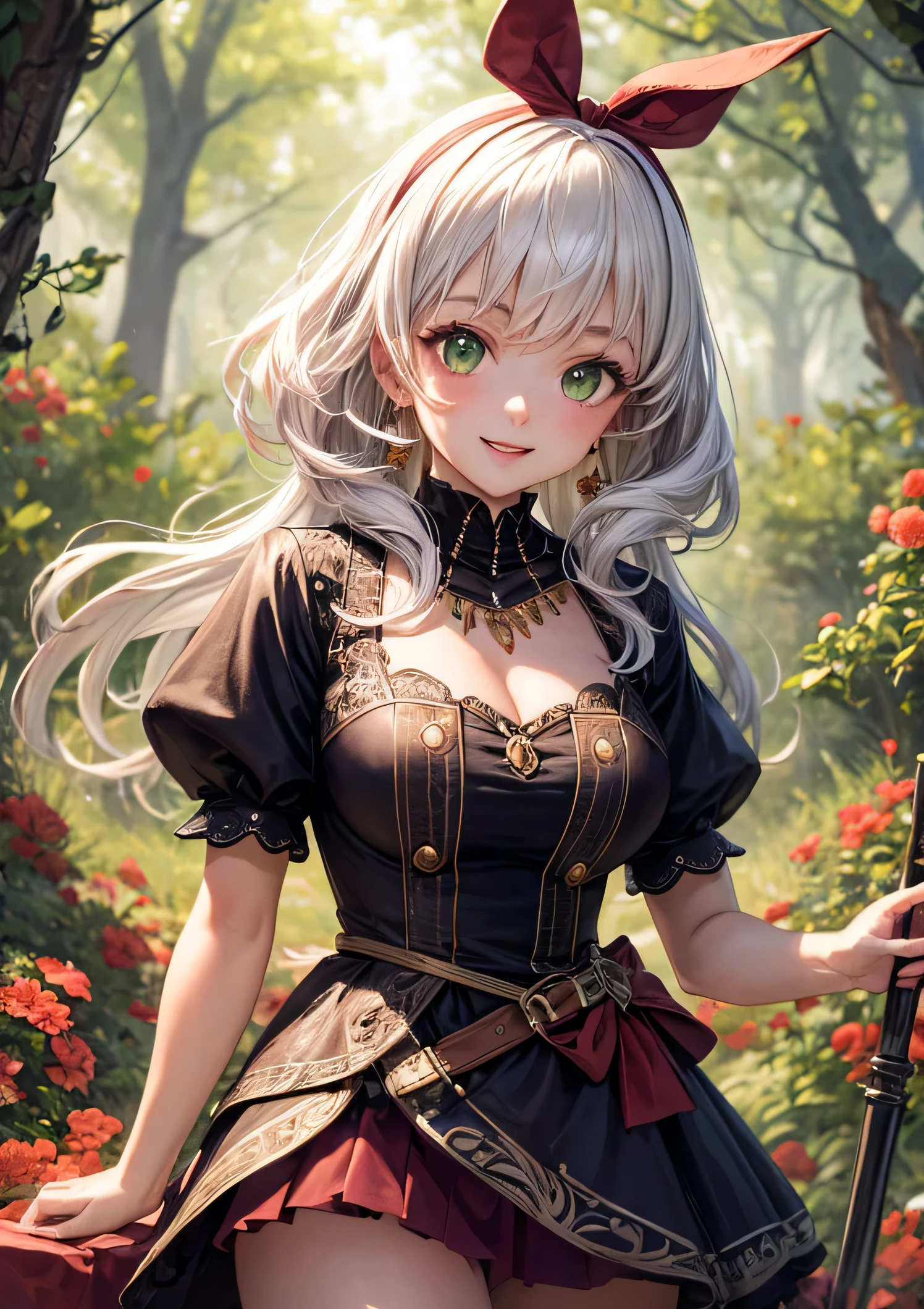 (masterpiece, 最high quality, high quality, be familiar with, ultra be familiar with, hyper be familiar with, insanely be familiar with:1.5), exquisite, , girl, Happy, happy, smile, Front view, brown eyes, pale skin, beautiful breasts, beautiful butt, anime, From before, sunrise, brown hair, at the park, flower garden, forest, goblin, wave to the camera, drill hair, gray hair, green eyes, , toned body, dress, hair ribbon, earrings, necklace, cute face, 10 years old, european, Heartwarming reunion scene, in the morning, fantasy, mysterious atmosphere, cowboy shot, cowboy shot