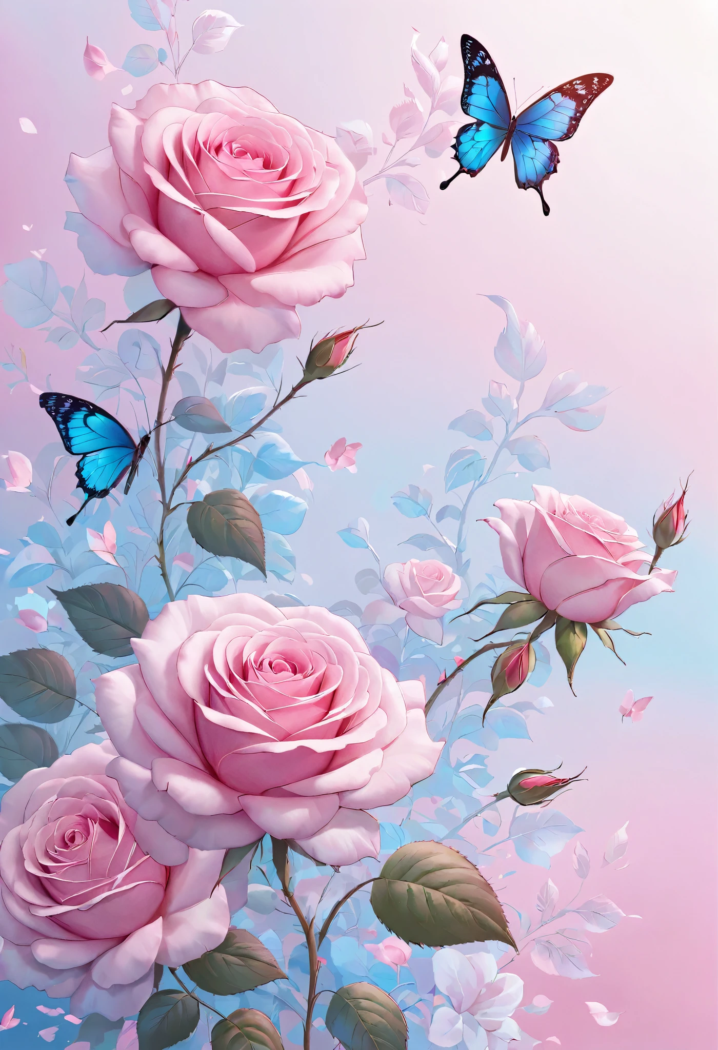 There is a pink rose,There is a butterfly on it, Detailed flower, pink rose, beautiful digital art, pastel roses, pink pink, magical flowers, blue and pink, Beautiful digital painting, translucent roses ornate, pink and blue, Beautiful flowers, rose background, Beautiful ornate digital art, Magical colorful flowers, 非常beautiful digital art, elegant numbers, beautiful digital art作品
