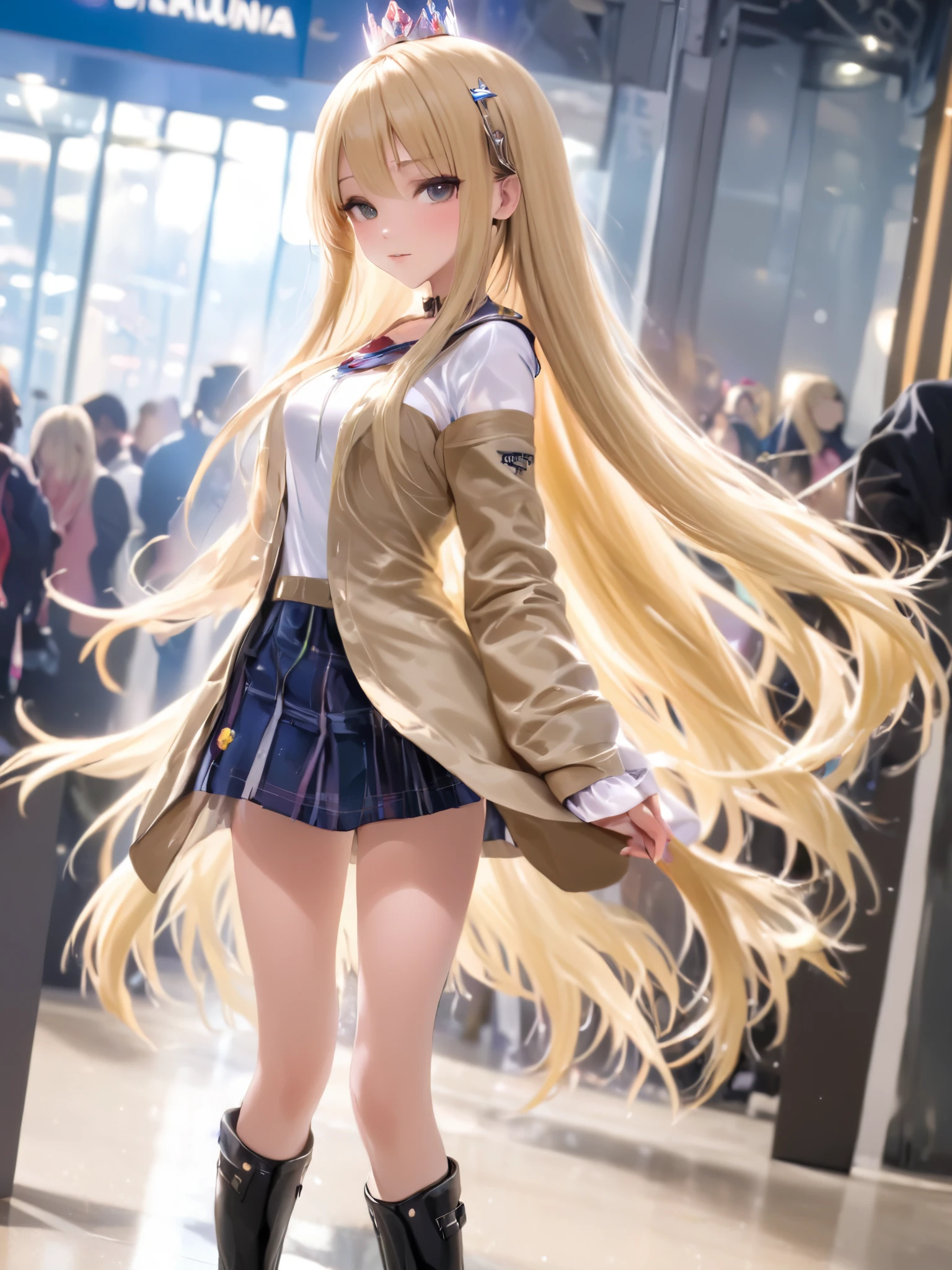 photograph, disorganized, High resolution, super detailed,
1 girl, blonde, long hair, straight hair, french hair, bangs parting bangs, Serafuku Tiara High Heel Boots,