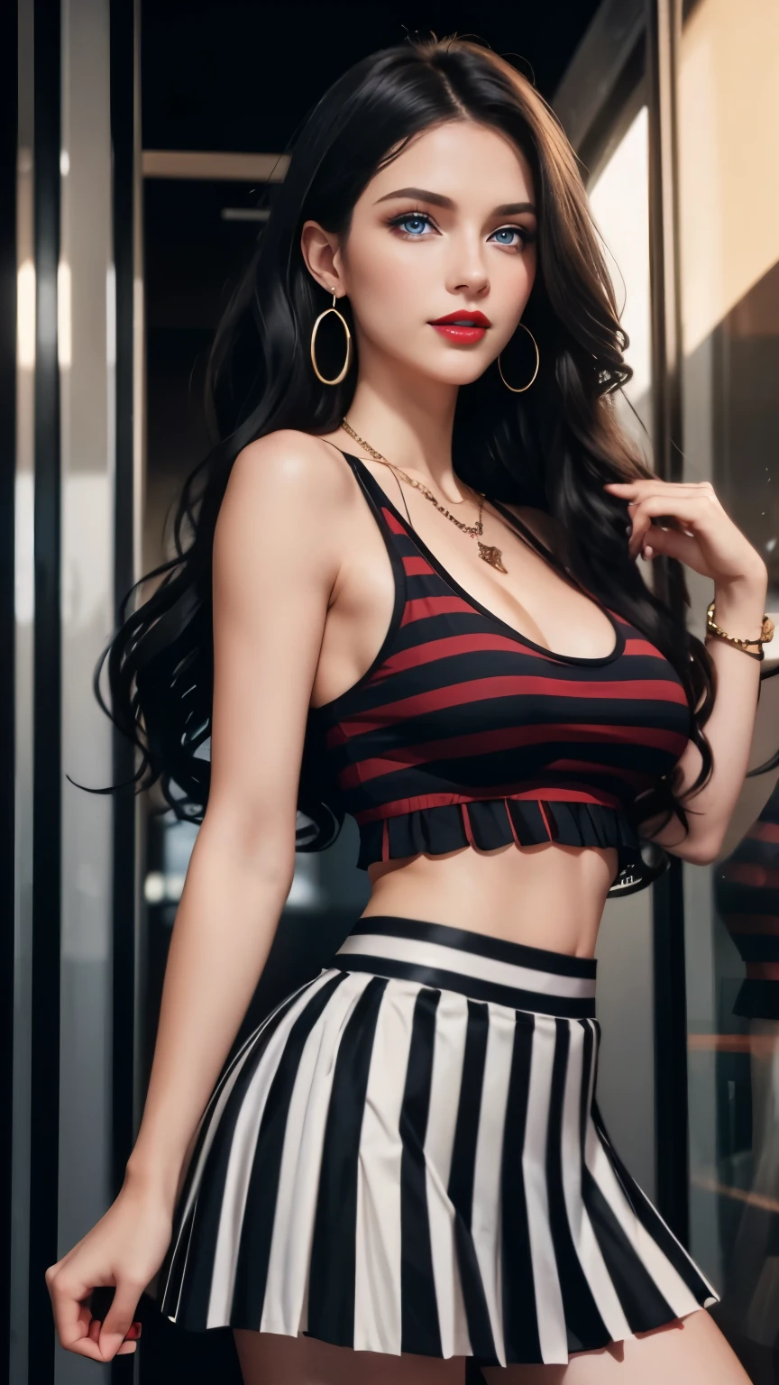 Caucasian woman; black hair, wavy hair, long hair, hair parted in the middle; blue eyes, ((lined eyes)), ((highlight blue eyes)), shiny eyes; (eyes with reflection); ((red lipstick) ), (glossy lips), makeup; smile, toned body, athletic body, ((medium breasts)), (nipples), legs; ((striped top)), tank top, black and white top, ((black pleated skirt)); earrings, necklace, bracelets; high quality, artistic shot, standing, in clothing store, soft light, frontal view, shot from below.