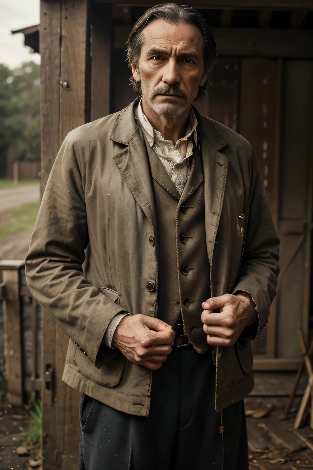 a 47 year old man form the victorian era, with a weather-beaten face that reflects years of toil and hardship, a lean and wiry frame, His face is gaunt and lined, marked by the harshness of his life and the burdens he carries, simple and worn worn, wears a drab, threadbare jacket and trousers, patched in places where they have been mended over the years.