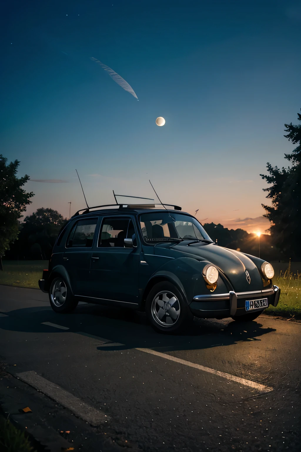 volkswagen car with full moon