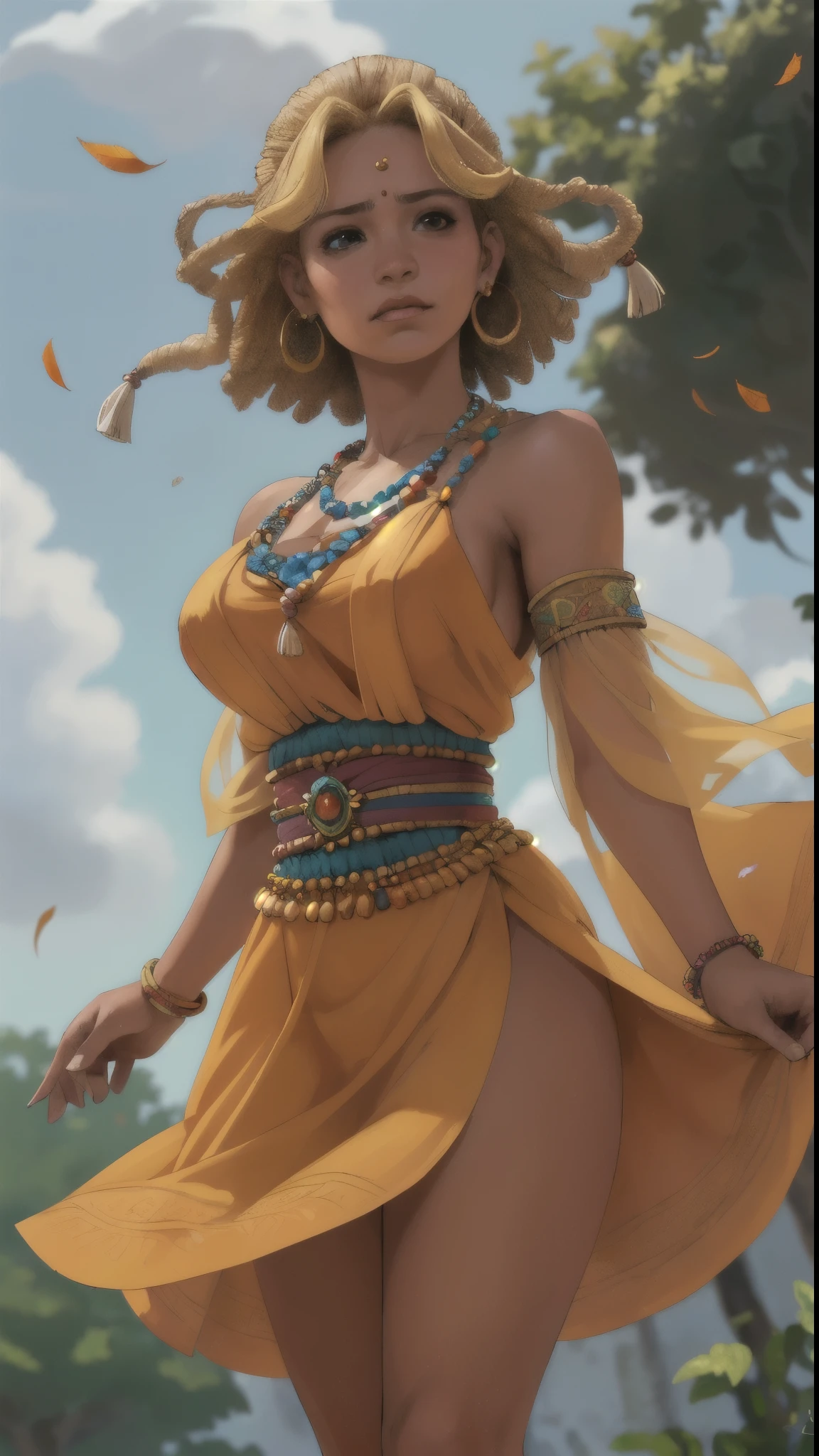 (absurdos, high resolution, ultra detallado), (1 chica:1.3), dos colas, cabello gris, busty wind spirit dances , a formless breath that stirs up trouble delightfully, caressing flowers, a raging gale tousling hair and scattering leaves. wind, big , transparent, see through), HDR, ethnic style, ropa tradicional, patrones vibrantes, textiles hechos a mano, motivos culturales, bead jewelry, accesorios artesanales