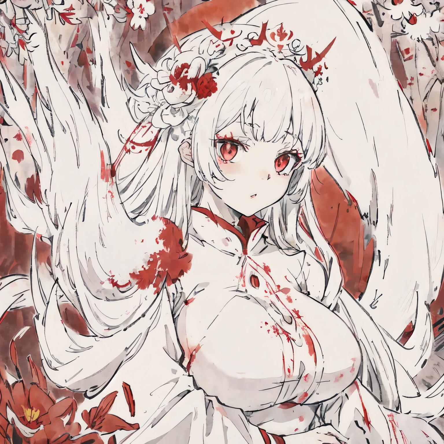 Virtuous person, white color hair, crimson eyes, animal girl, white fox girl, lolita, wearing a white dress stained with red blood, surrounded by a blood cloak, anime girl, medieval, Wear a mimosa flower crown, big boob, Holding a mimosa flower