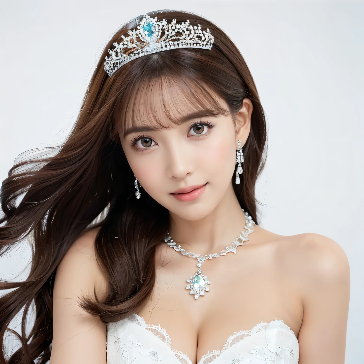 (highest quality、table top、8K、best image quality、Award-winning work)、(1 person princess:1.1)、Shining beautiful skin、Shining ultra-high definition skin、(accurate anatomy:1.2)、(The most luxurious and highest quality giant princess tiara:1.4)、(The most luxurious and highest quality giant necklace:1.4)、(wedding lace:1.4)、A gentle smile looking at me、(photo from the waist up:1.3)、Standing gracefully、(Blurry pure white background:1.5)、portrait photography、(very bright and vivid:1.1)、very romantic、Shining beautiful skin in the light、(very bright and refreshing:1.1)、(the most detailed and perfect face:1.1)、(most detailed glowing eyes:1.1)、(Super high-definition beautiful skin with beautiful luster and moisture:1.1)、(the most natural beautiful cheeks:1.1)、(1 person:1.1)、(solo:1.1)、ultra high definition hair、Ultra High Definition Face、Ultra-high-definition eyes