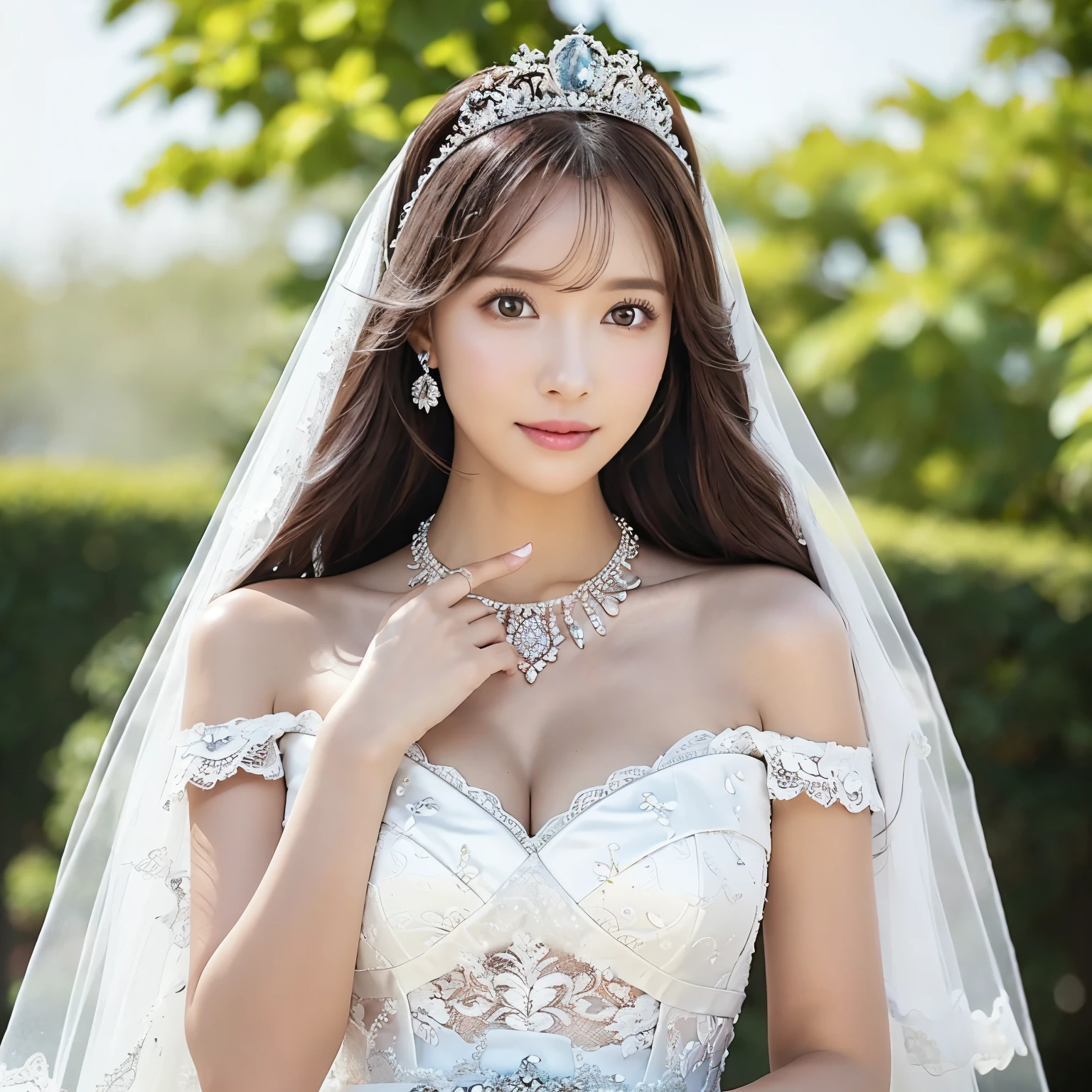 (highest quality、table top、8K、best image quality、Award-winning work)、(1 person princess:1.1)、Shining beautiful skin、Shining ultra-high definition skin、(accurate anatomy:1.2)、(The most luxurious and highest quality giant princess tiara:1.4)、(The most luxurious and highest quality giant necklace:1.4)、(wedding lace:1.4)、A gentle smile looking at me、(photo from the waist up:1.3)、Standing gracefully、(Blurry pure white background:1.5)、portrait photography、(very bright and vivid:1.1)、very romantic、Shining beautiful skin in the light、(very bright and refreshing:1.1)、(the most detailed and perfect face:1.1)、(most detailed glowing eyes:1.1)、(Super high-definition beautiful skin with beautiful luster and moisture:1.1)、(the most natural beautiful cheeks:1.1)、(1 person:1.1)、(solo:1.1)、ultra high definition hair、Ultra High Definition Face、Ultra-high-definition eyes