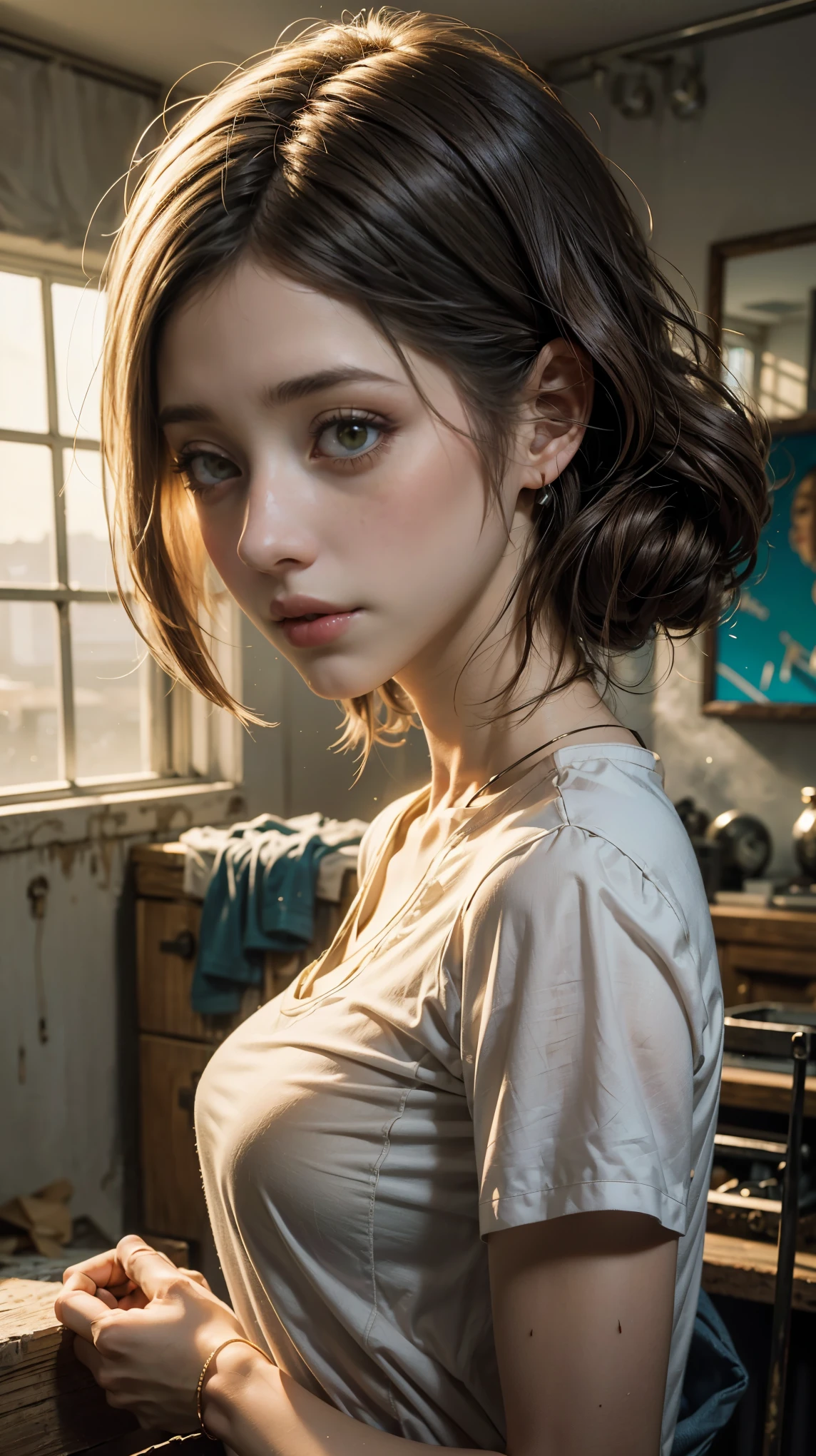 1 girl, apenas um, (((Camisa branca molhada)))), ((no-bra))))), ombros expostos e umbigo inteiro, , ((((Retrato de Emily rudd)))), quase completamente nua, NSFW, camiseta branca cumprida e molhada, (((detalhes privados delicados)), (((lugar abandonado, lama, terra, poeira, neblina, noite, frio, gelada, umidade))))peito grande, (roupa molhada mostrando a pele por baixo), (pele branca), pale skin, grandes olhos verdes, seios inchados, retrato, qualidade profissional, high resolution, contraste perfeito, The lighting, perfect composition, Waifu, pele perfeita, perfect hands, perfect fingers, seios perfeitos, cabelo perfeito, rosto perfeito
