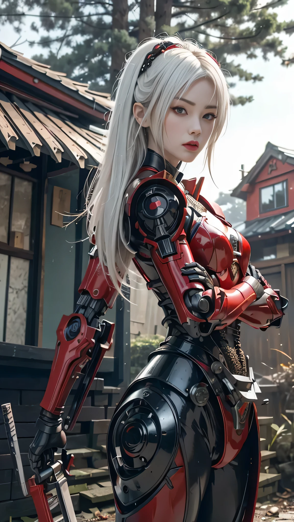 two samurai (Standing with arms crossed over chest, back against wall).white hair .ta.fantasy.two samurai guarding in the forest at night, yasuke.fog. Ninja robot.shinobi robot. Red eyes, devil mask, rain. The dark night. Equipped with Sword at the back. Katana is in the back. Robots. Gear. screws. lamp. lamp. wire in the back. Catch the monster in the alley.UE5 CGI.Abandoned house.step forward.Bright eyes.Red suit.Robot helmet.Red leather clothes.