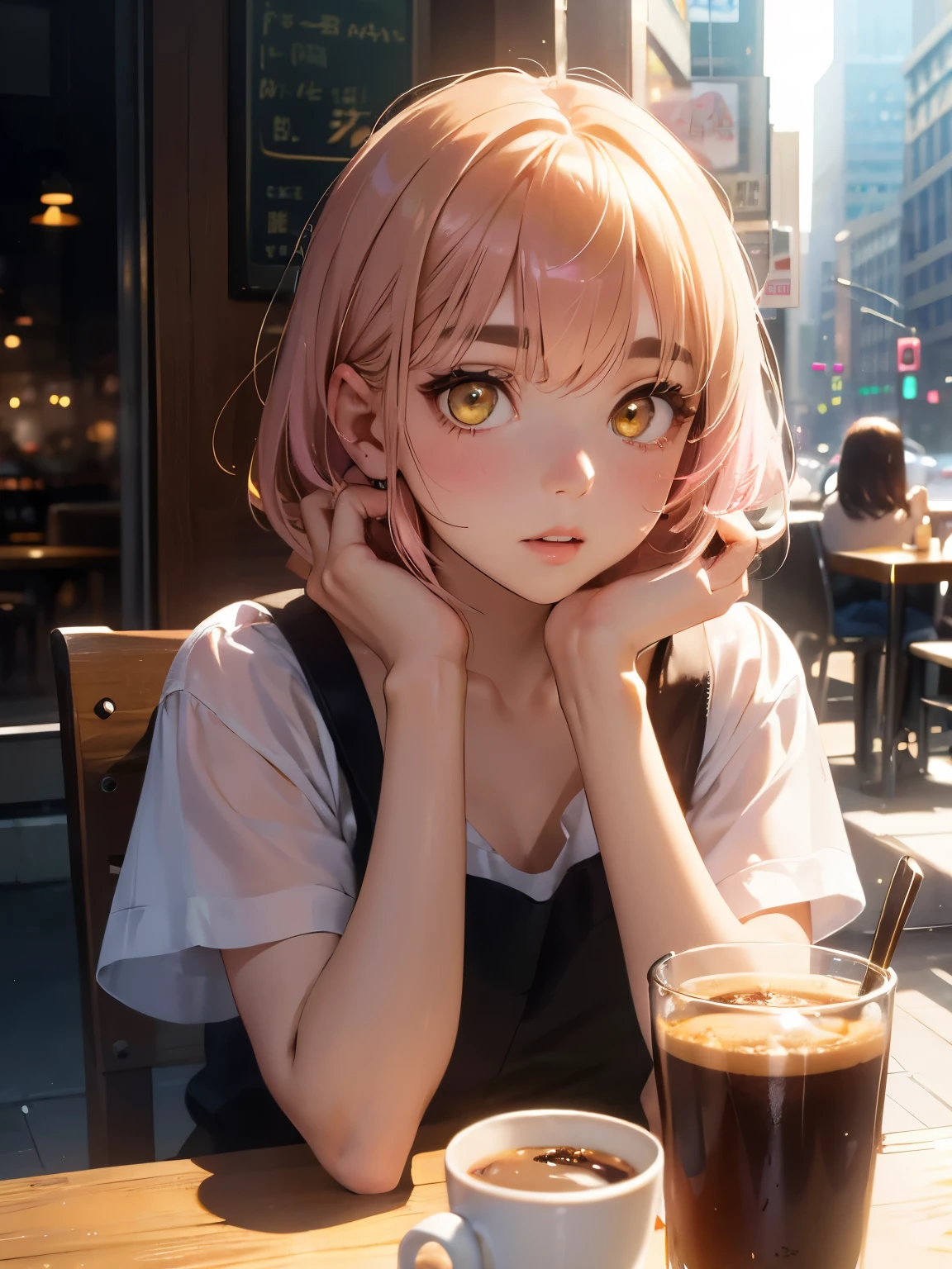 Cafes in New York、drinking coffee on the outdoor terrace、highest quality, 20 year old woman,Shadow, yellow eyes、 pink gold short bob、bangs above the eyebrows、short bangs、,Upper body,random reflections,natural skin texture,Face looking up,drooping corners of the eyes,soft light,sharp,
