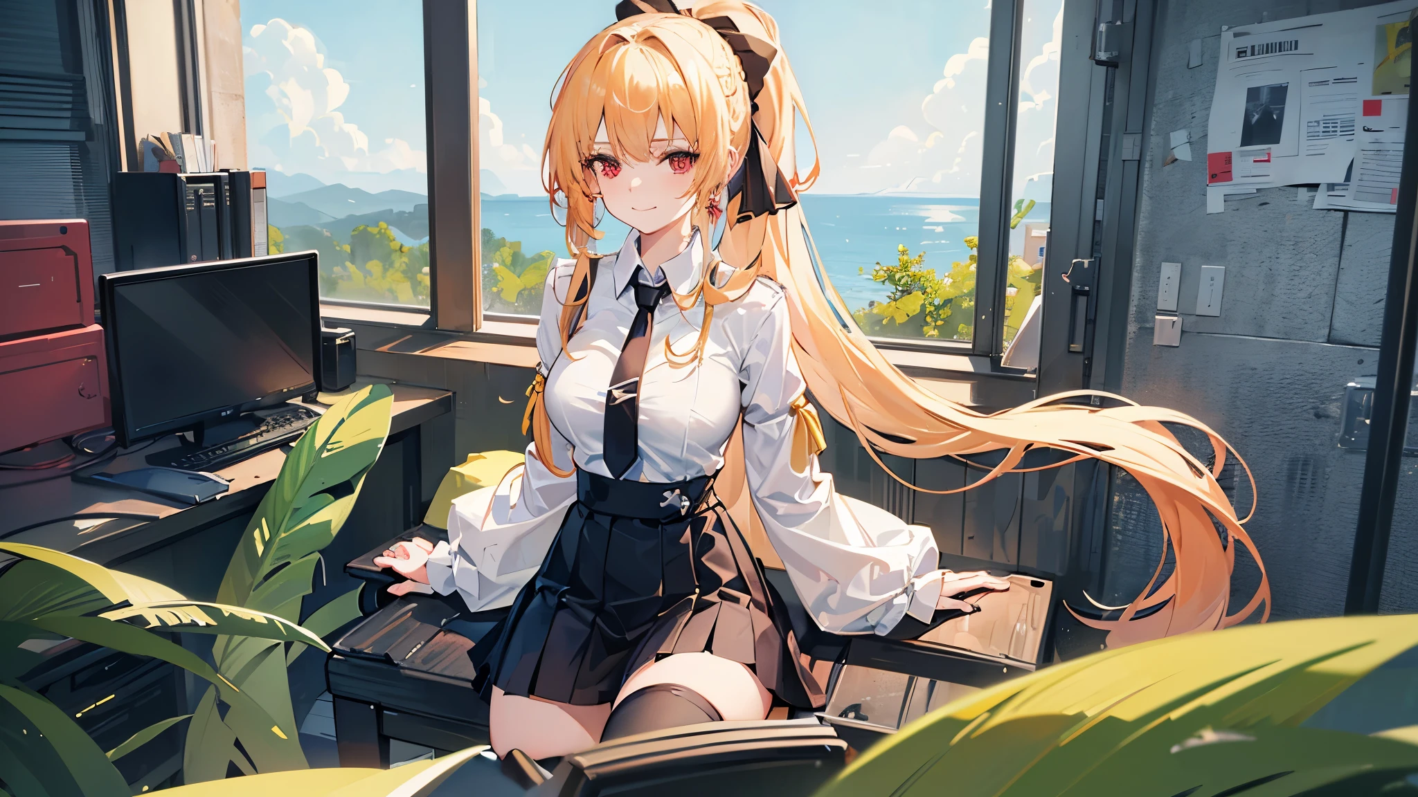 4K photo of a young woman with blonde hair, ,big breasts, red eyes, Long ponytail hair,Green braid tied in a bow on the left...,, Wear a short-sleeved white shirt with a tie, a short black skirt and stockings., Wearing earrings sitting in front of a computer screen....With a slightly smiling face.............