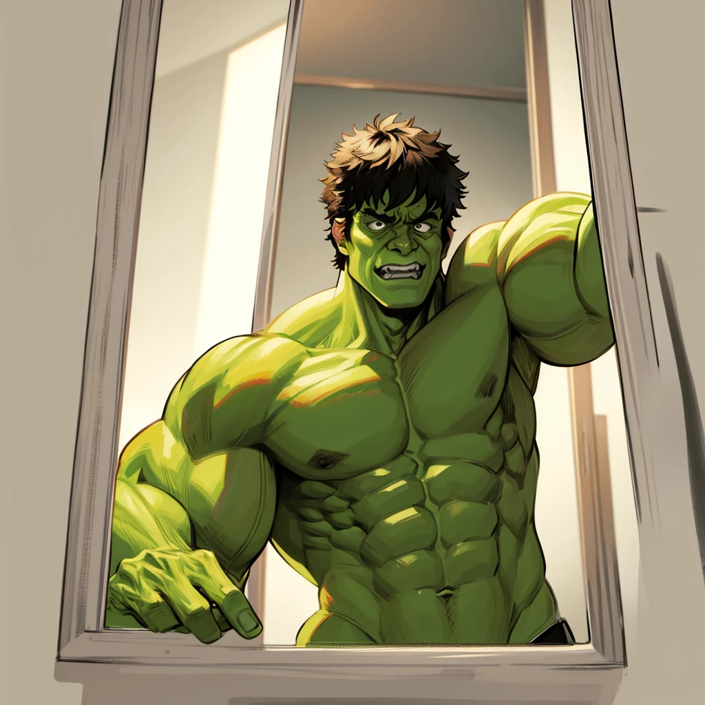 Marvel's The incredible hulk taking a selfie in a large bathroom mirror