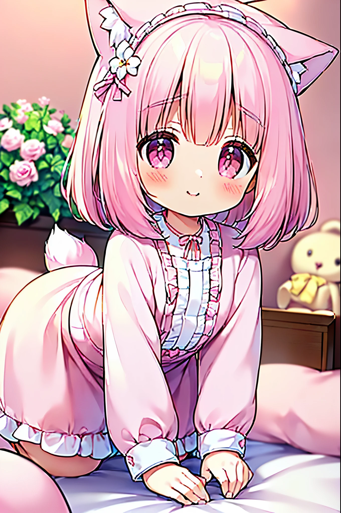 (((masterpiece))), (((最high quality))), (((high quality))), (((beautiful))), (((8K))), (((High resolution)) (((超High resolution))), (((High resolution))), (child:1.5), (Loli:1.4), (pink short hair:1.3), (pink hair ribbon:1.4), (Pink fox tail:1.4), (Pink fox tail:1.2), pink fox ears and white tips, (pink eyes), (theme pink color:1.4), small breasts, Very cute pale pink long dress, long sleeve, (pure white frills:1.2), (so many flower decorations:1.4), (Super Cute Pose:1.2), (leaning forward:1.4), look up, From the side, bedroom, cowboy shot, crawl on all fours, bedroom full of decorations, smile, (portrait:1.4), (stuffed toy:1.4)