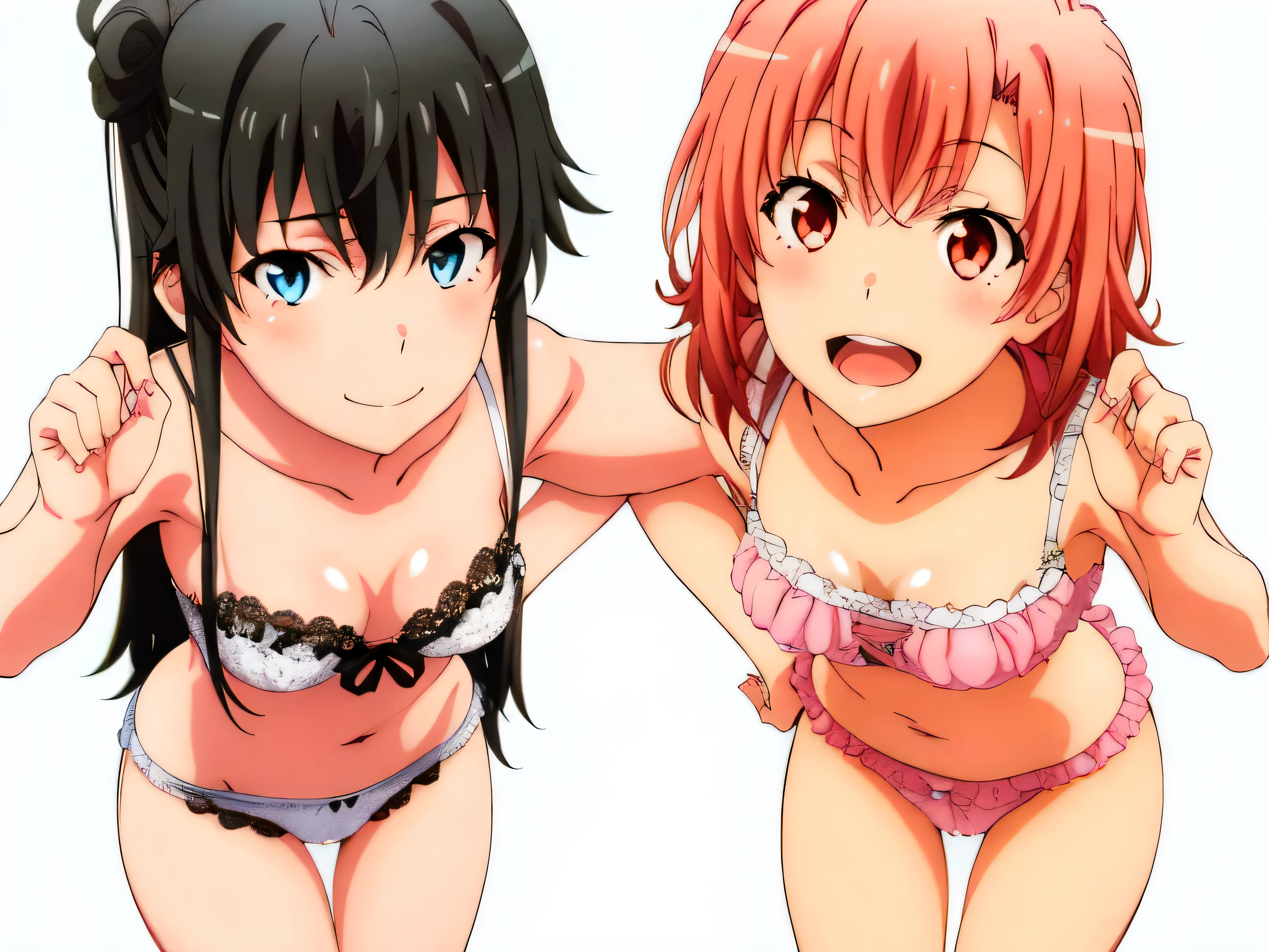 2 girls , (yuigahama yui'bust and thighs are great),(Yukinoshita Yukino),,In sexy underwear,they have their hands behind their backs,white is good,pale pink,belly button,,(white panties:1.0),(light pink panties:1.0),The line of the pussy,(thighs),knees,((high angle)),(beautiful eyes),look at the camera,open your mouth,smile,Insert your head