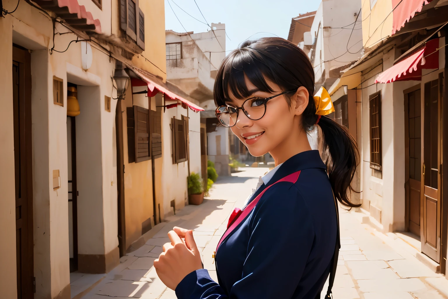 ((wide angle)) beautiful female tourist, black hair tied in a ponytail, bangs, wearing large glasses, smiling mouth, ((wearing a preppy style outfit)) morning light, Rajasthan