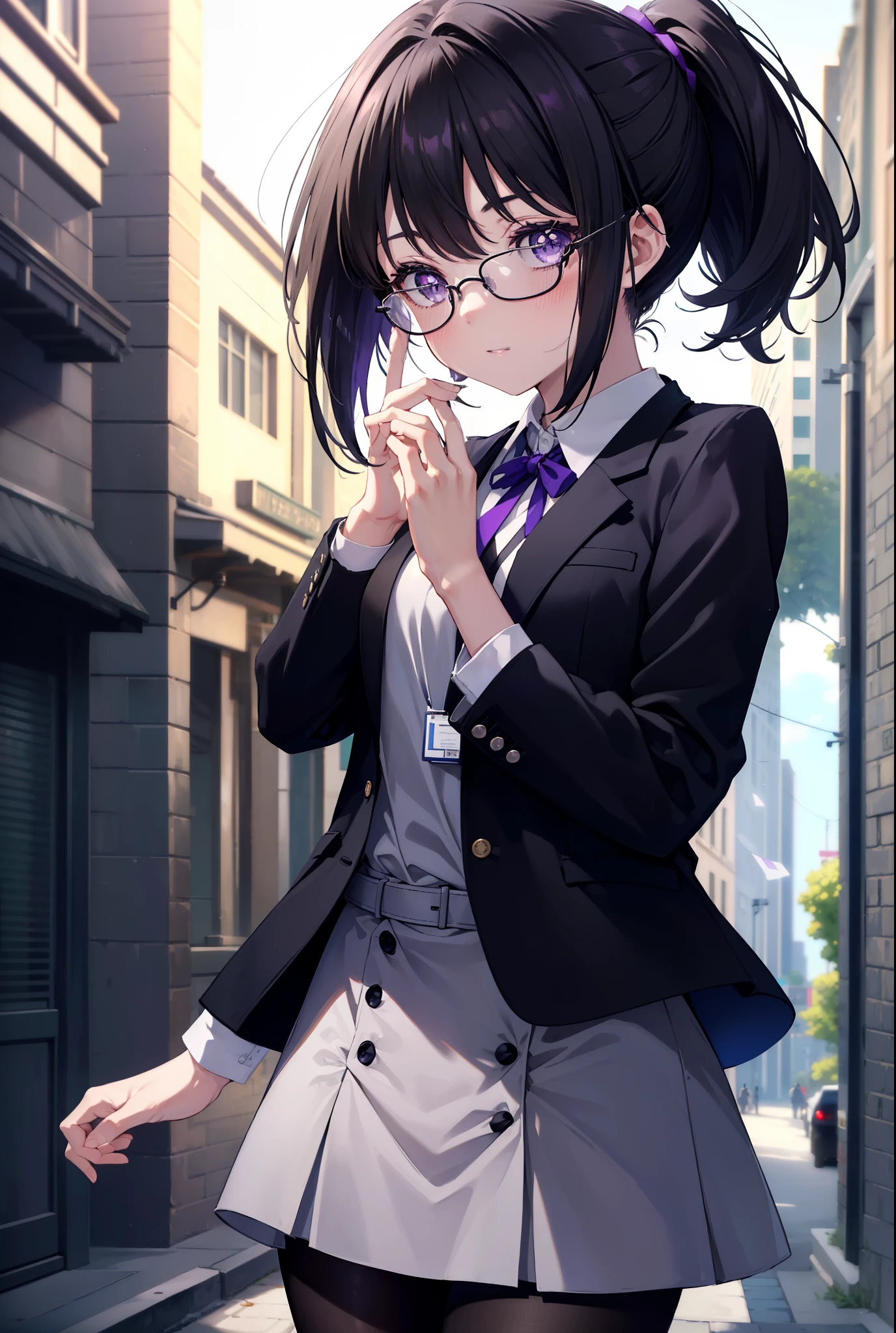 Takiuchi Kame, check it out, short hair, bangs, ponytail, black hair, (purple eyes:1.2),
OL, Black Abyss glasses, end, black suit jacket, collared jacket, white dress shirt, collared shirt, neckline, button, strap, ID card on neck, black pencil skirt, black pantyhose, smile, blush, stiletto heels,walking,noon,So that the whole body goes into the illustration,
break outdoors,In town,building street ,
break looking at viewer, (cowboy shot:1.5),
break (masterpiece:1.2), highest quality, High resolution, unity 8k wallpaper, (figure:0.8), (detailed and beautiful eyes:1.6), highly detailed face, perfect lighting, Very detailed CG, (perfect hands, perfect anatomy),