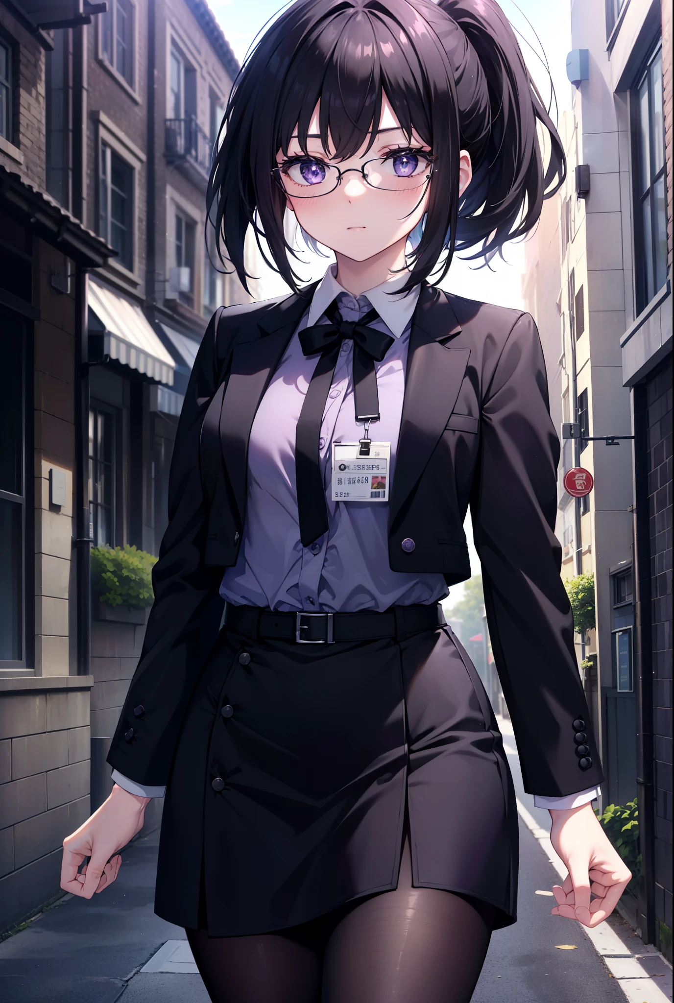 Takiuchi Kame, check it out, short hair, bangs, ponytail, black hair, (purple eyes:1.2),
OL, Black Abyss glasses, end, black suit jacket, collared jacket, white dress shirt, collared shirt, neckline, button, strap, ID card on neck, black pencil skirt, black pantyhose, smile, blush, stiletto heels,walking,noon,So that the whole body goes into the illustration,
break outdoors,In town,building street ,
break looking at viewer, (cowboy shot:1.5),
break (masterpiece:1.2), highest quality, High resolution, unity 8k wallpaper, (figure:0.8), (detailed and beautiful eyes:1.6), highly detailed face, perfect lighting, Very detailed CG, (perfect hands, perfect anatomy),