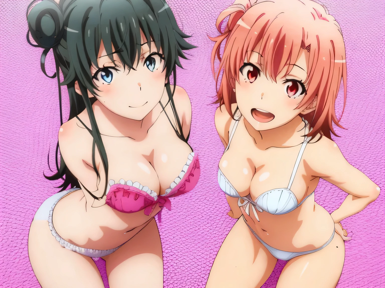 2 girls , (yuigahama yui'bust and thighs are great),(Yukinoshita Yukino),,In sexy underwear,they have their hands behind their backs,white is good,pale pink,belly button,,(pale pink pink panties:1.0),(white panties:1.0),pussy line,(thighs),knees,((high angle)),(beautiful eyes),look at the camera,open your mouth,smile,Insert your head