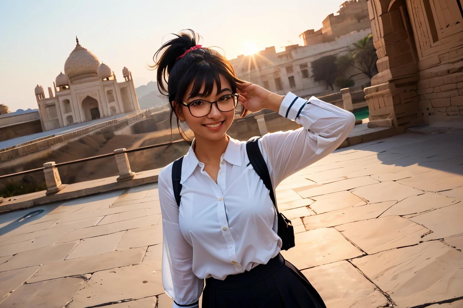 ((wide angle)) beautiful female tourist, black hair tied in a ponytail, bangs, wearing large glasses, smiling mouth, ((wearing a preppy style outfit)) morning light, Rajasthan