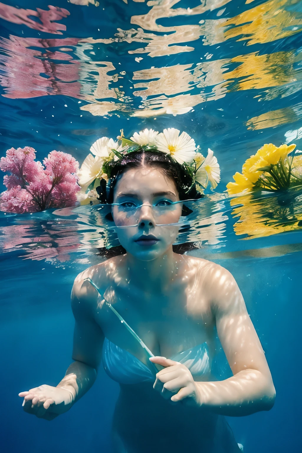 a woman in a white towel under water with flowers,colorful, sea of flower, submerged in water, floathing underwater in a lake, under water, floating under water, underwater photography, immersed, realistic. underwater shot, in water,  floating in water,  female water elemental,  in the water.