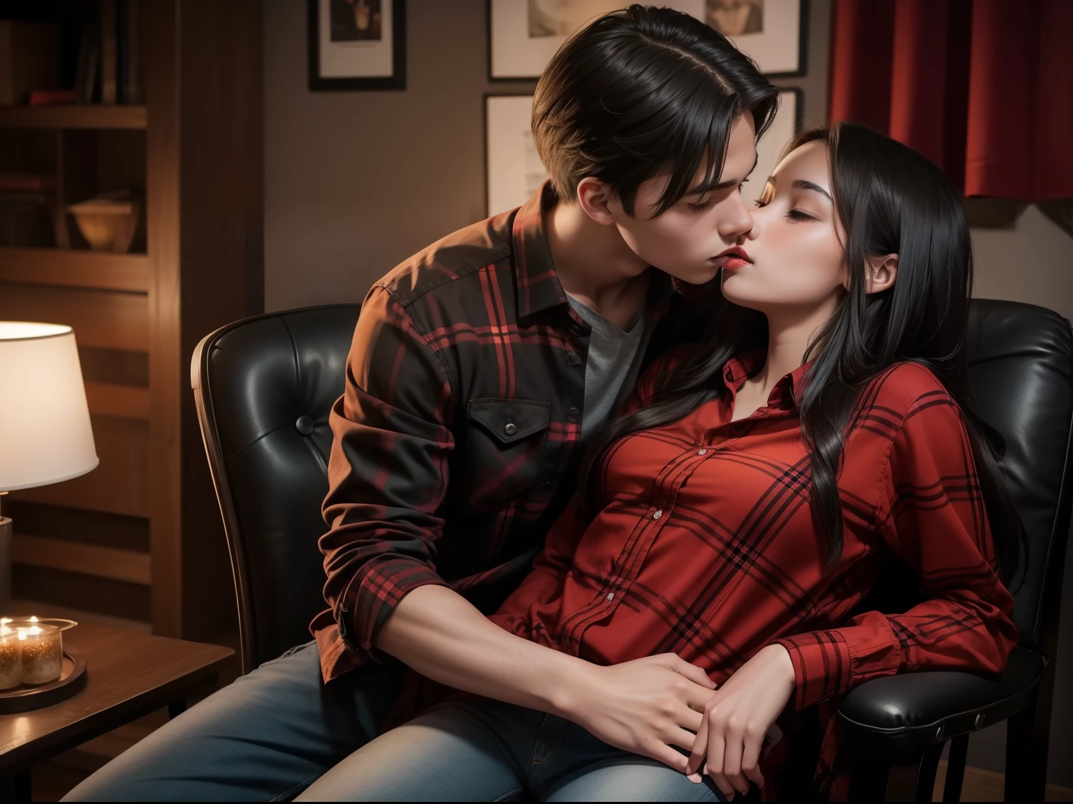 Young sexy girl wearing a red dress sitting on lap of young boy wearing a red and black flannel shirt and jeans who is sitting on a chair, kissing, making out, passionately, dim lighting, sexy, hot, lustful