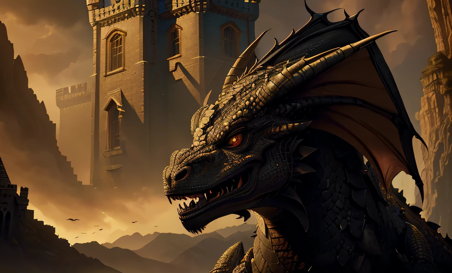 stunning monster dragon head, ancient castle, cinematic lighting, unreal engine, trending on ArtStation, intricate details, masterpiece, best quality, by Irakli Nadar, Greg Rutkowski，(((best quality))),(((ultra detailed))),(((masterpiece)))