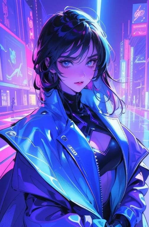 Facing the audience，(Masterpiece, Top quality, Best quality, offcial art, Beautiful and aesthetic:1.2),(Blue-violet Neon Lighting), (Vibrant glow), Dynamic colors, Striking contrast, futuristic vibe, electric energy,shiny reflective surfaces,(Cityscape:1.3),8K,offical wallpaper, best quality，It's best to draw style，