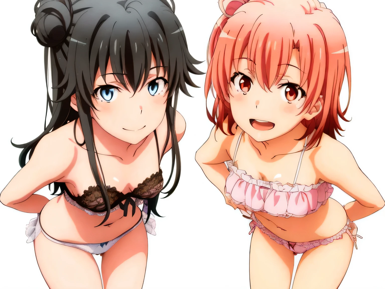 2 girls , (yuigahama yui'bust and thighs are great),(Yukinoshita Yukino),,In lace underwear,they have their hands behind their backs,white is good,pale pink,belly button,,(pale pink pink panties:1.0),(white panties:1.0),pussy line,(thighs),knees,((high angle)),(beautiful eyes),look at the camera,open your mouth,smile,Insert your head