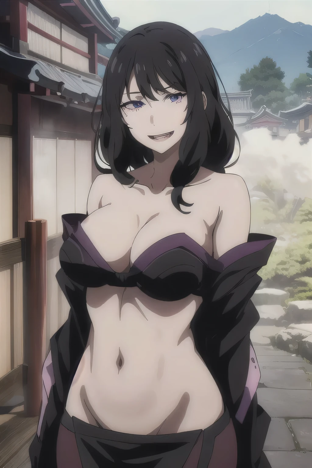 purple_eyes,,black_hair,very_long_hair,elbow_gloves, 1 girl, 20yo,mature female,Beautiful Finger,Beautiful long legs,Beautiful body,Beautiful Nose,Beautiful character design, perfect eyes, (sexy expression), evil grin, masterpiece, best quality, highly detailed, a anime girls in kimono dress with a sword posing for a picture, bare shoulder,open kimono, evil smile, open mouth, crop top , (nsfw) not safe for work, smile, ecchi anime style, anime girls, ecchi style, ecchi, digital anime art!!, in anime style, official artwork, visual novel cg, beautiful anime girl, anime style 4 k, kimono pencil skirt, exposed belly, exposed navel, exposed midriff, exposed lower belly, outdoor, japanese architecture, temple