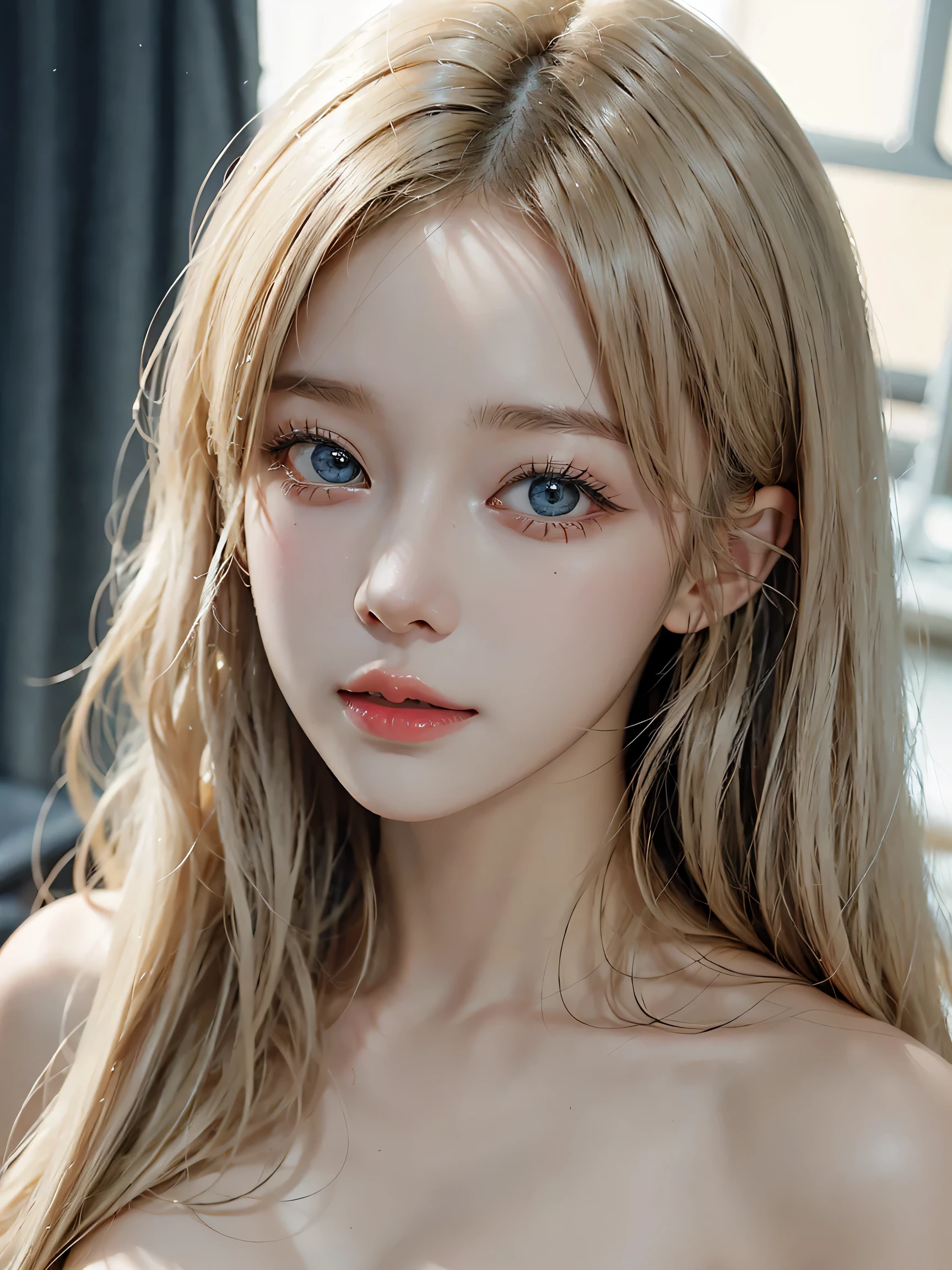 (8K, Raw photo, highest quality, masterpiece), ultra high resolution, 1 girl、portrait、、blue sky、bright and beautiful face、young, white and shining skin、best looks、blonde hair reflecting light、Beautiful platinum blonde super long silky straight hair gloss、long bangs、very beautiful 17 year old、Big eyes that shine in clear light blue、beautiful lovely beautiful girl, big breasts, ((erect nipples)), thin waist