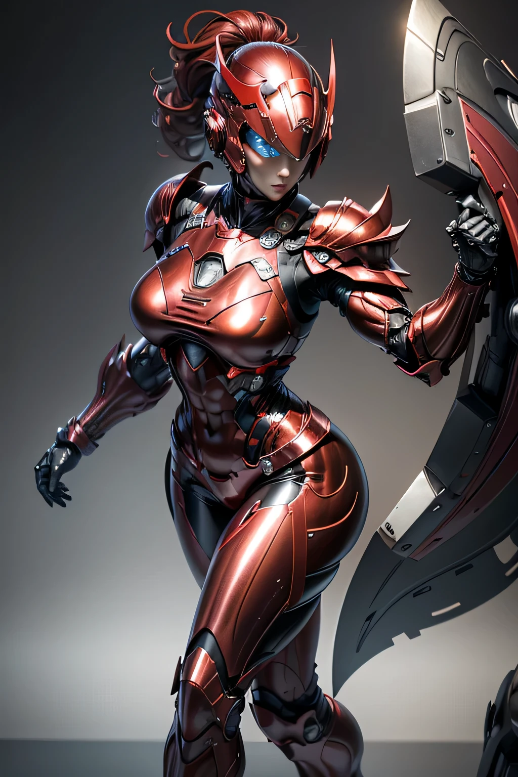 female robocop solo、Armor that completely covers the whole body、very large armor、Helmet covering the head、Eyes hidden by thin straight goggles:1.3、The lower half of the face is exposed、luscious lips、bright red metallic armor、Armor that completely covers the chest、thin and long legs、Vibrant Posel Body View,big and full breasts:1.3, (sports body:1.5)、five fingers、Photos in the city