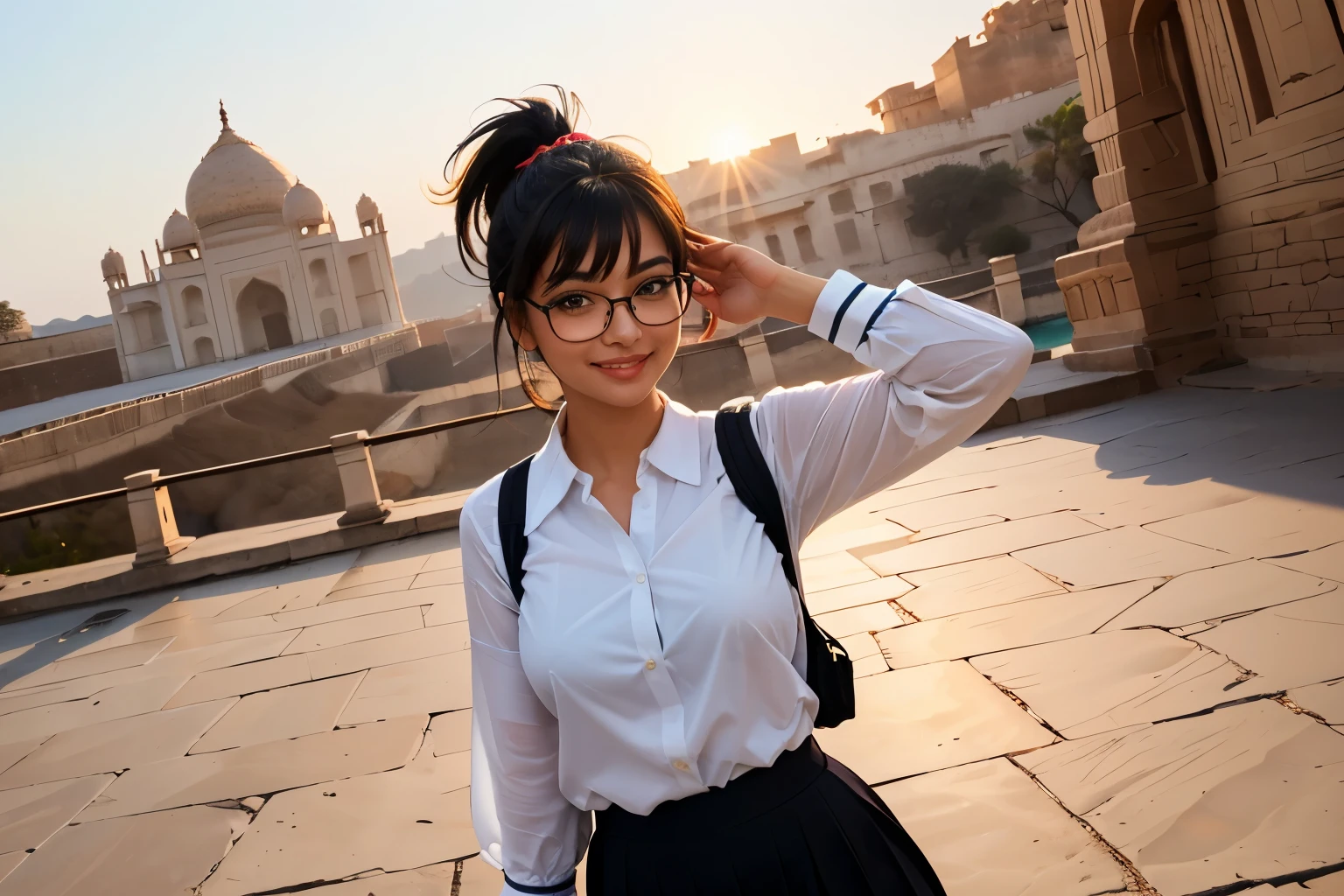 ((wide angle)) beautiful female tourist, black hair tied in a ponytail, bangs, wearing large glasses, smiling mouth, ((wearing a preppy style outfit)) morning light, Rajasthan